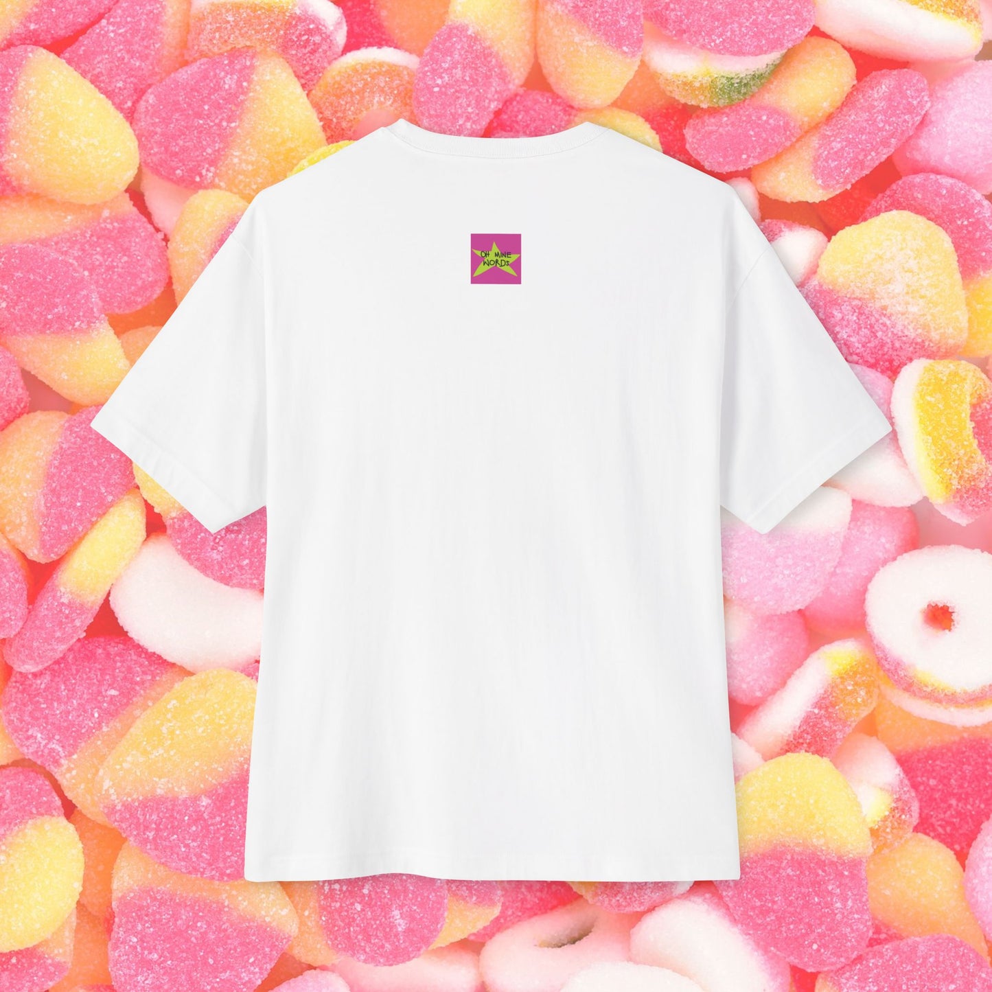 Back view, Oh Mine Words Brand Logo Screen, of "I run on Mom's advice Oversized T-Shirt" - white t-shirt - Unique Fashion Tops, Heartfelt and funny quote tee for adulthood and Mother's day - front and back print.