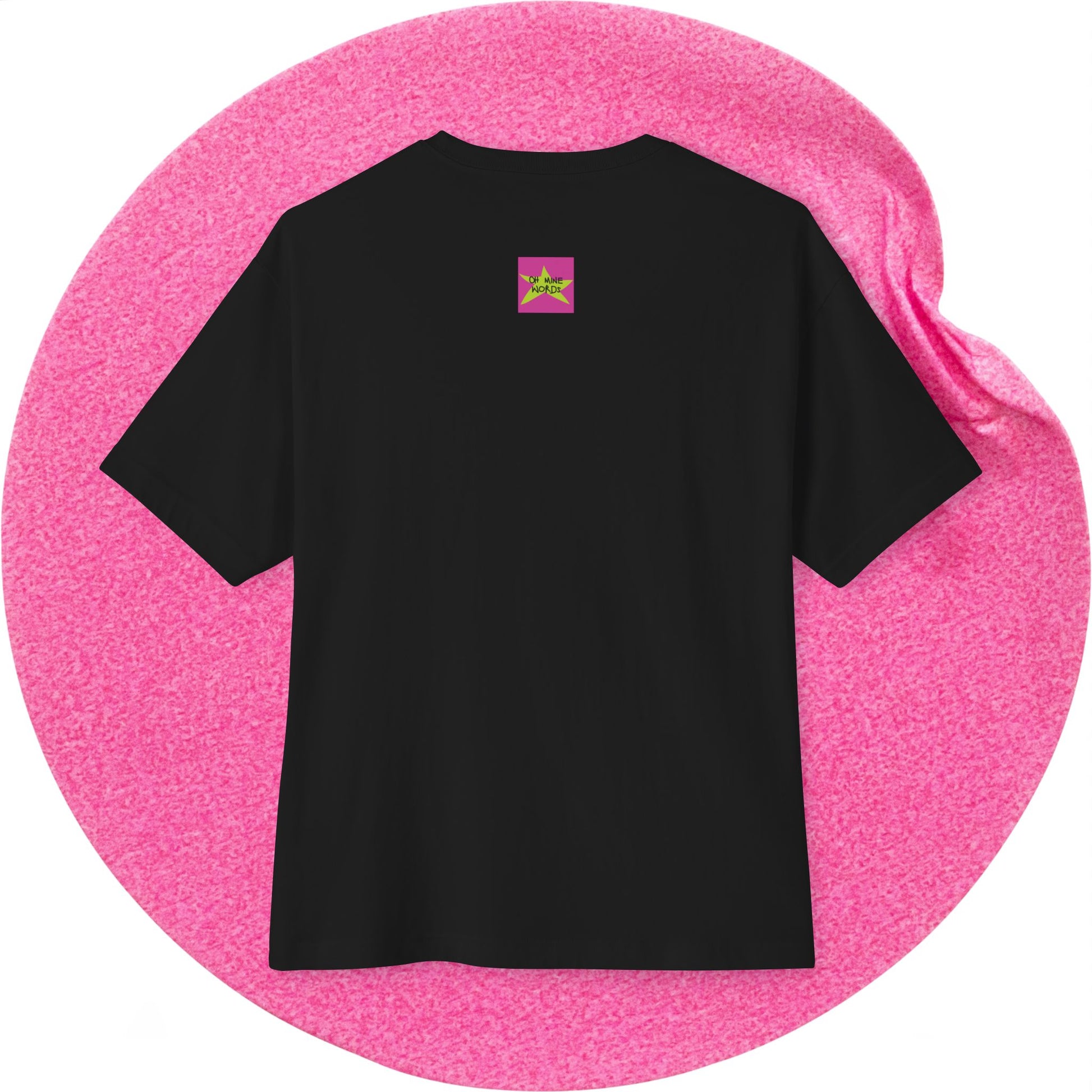 Back view, Oh Mine Words Brand Logo Screen of "The Lemonade" Unisex Oversized Black T-shirt for 4th of July – Unique Fashion Tops – Cool, Comfortable, Standout Streetwear with Front and Back Print – Oh Mine Words