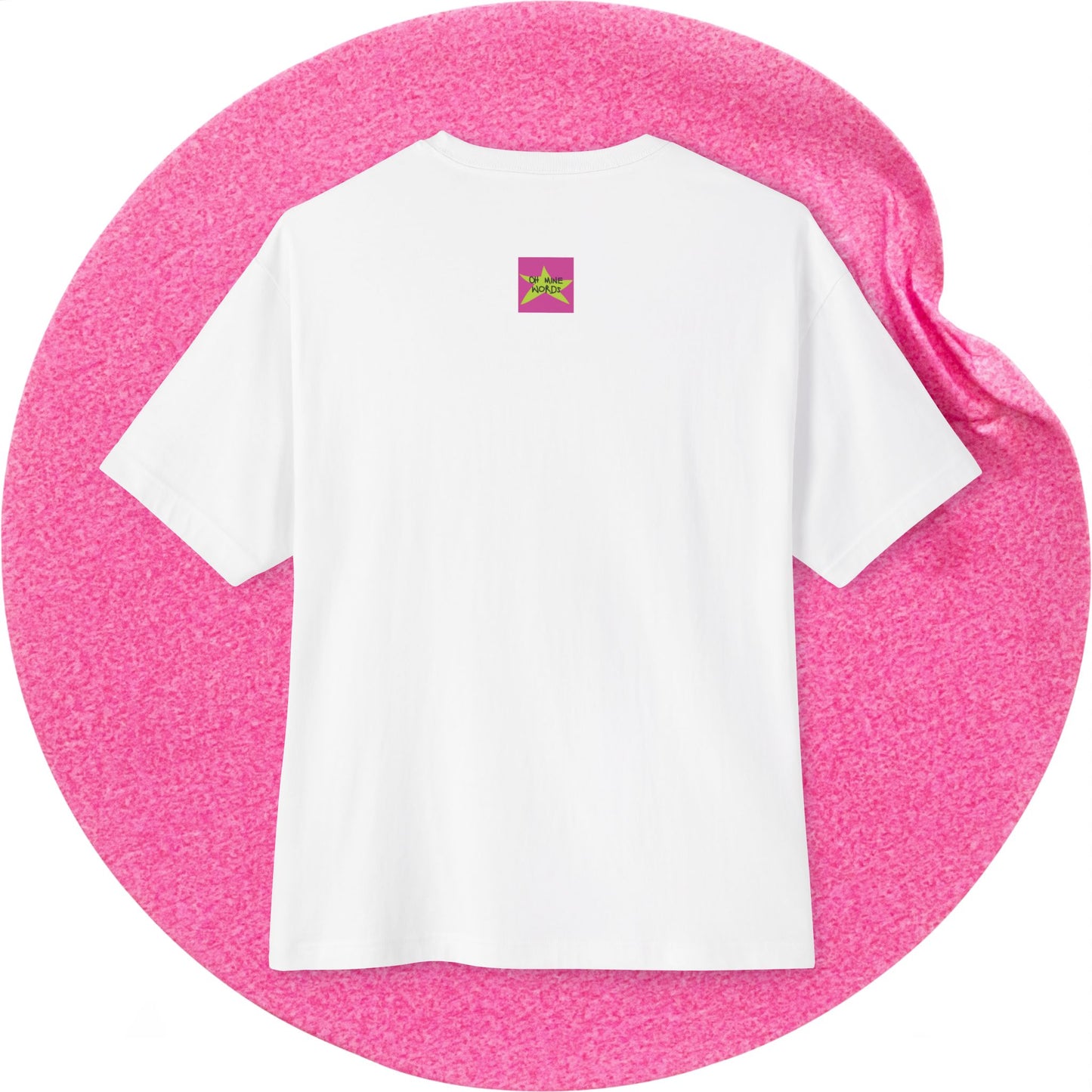 Back view, Oh Mine Words Brand Logo Screen of "The Lemonade" Unisex Oversized White T-shirt for 4th of July – Unique Fashion Tops – Cool, Comfortable, Standout Streetwear with Front and Back Print – Oh Mine Words