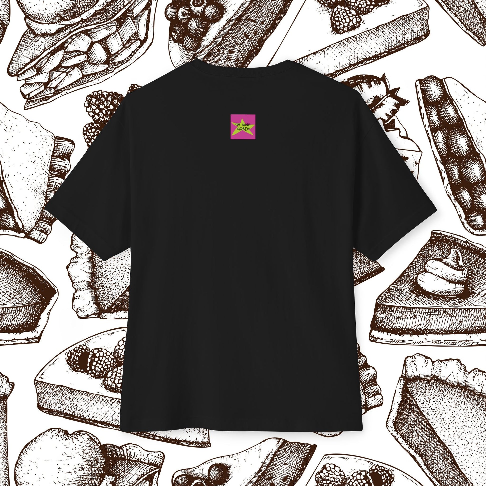 Back view, Oh Mine Words Brand Logo Screen, of Unisex Oversized "A Piece of Apple Pie" Black T-shirt - Unique Fashion Tops, Design for 4th of July, Front and Back Print - Oh Mine Words.