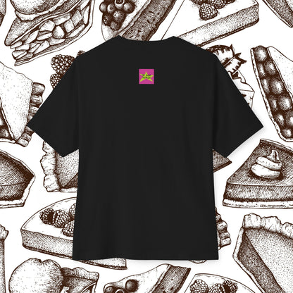 Back view, Oh Mine Words Brand Logo Screen, of Unisex Oversized "A Piece of Apple Pie" Black T-shirt - Unique Fashion Tops, Design for 4th of July, Front and Back Print - Oh Mine Words.