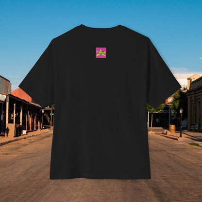 Back view, Oh Mine Words Brand Logo Screen, of Unisex Oversized "Mini Cupcake of July" Black T-shirt - Unique Fashion Tops, Design for 4th of July, Front and Back Print - Oh Mine Words.