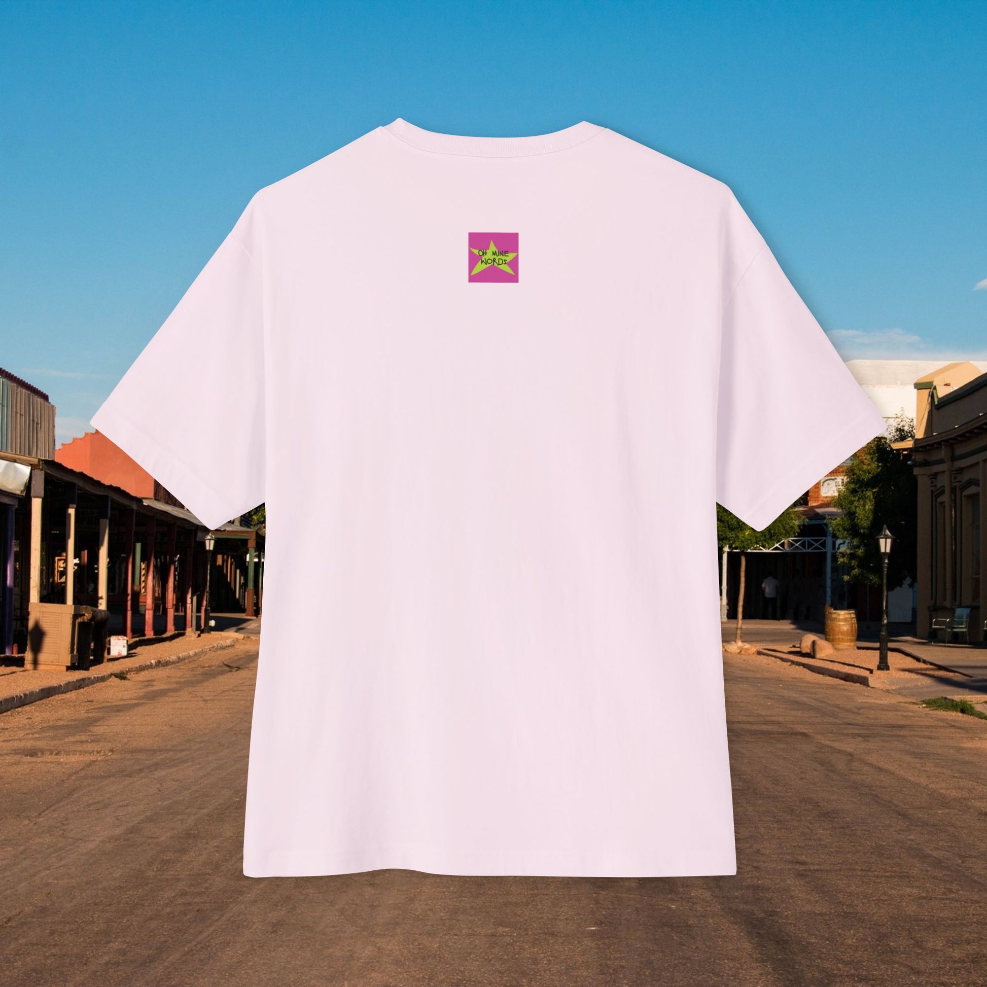 Back view, Oh Mine Words Brand Logo Screen, of Unisex Oversized "Mini Cupcake of July" Soft Pink T-shirt - Unique Fashion Tops, Design for 4th of July, Front and Back Print - Oh Mine Words.
