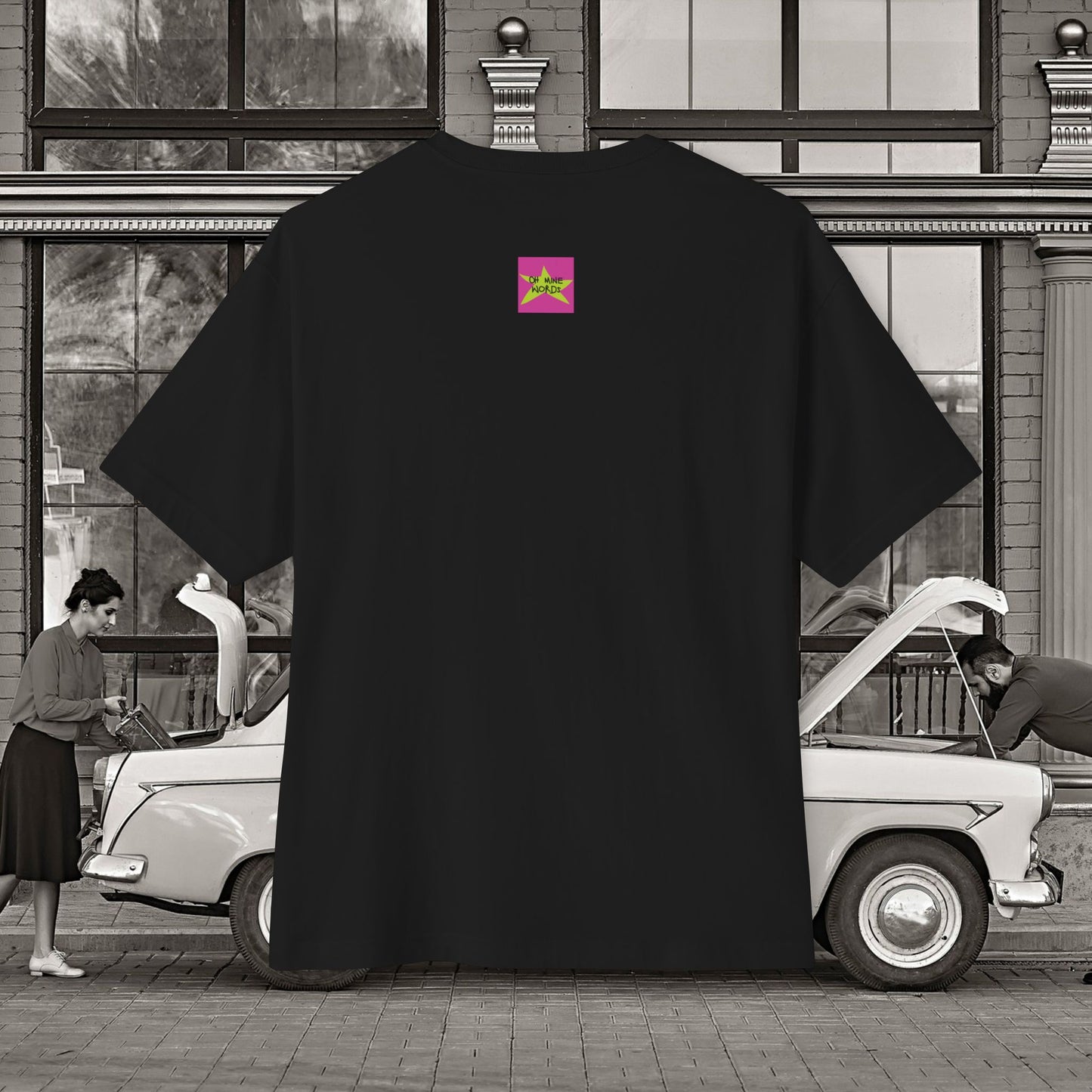Back view, Oh Mine Words Brand Logo Screen, of Unisex Oversized "Stickies USA" Black T-shirt - Unique Fashion Tops, Classic design, perfect for American and to wear in 4th of July - Front and Back Print.