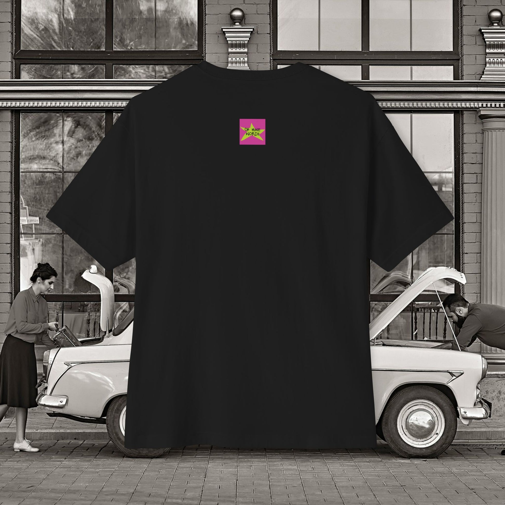 Back view, Oh Mine Words Brand Logo Screen, of Unisex Oversized "Stickies USA" Black T-shirt - Unique Fashion Tops, Classic design, perfect for American and to wear in 4th of July - Front and Back Print.