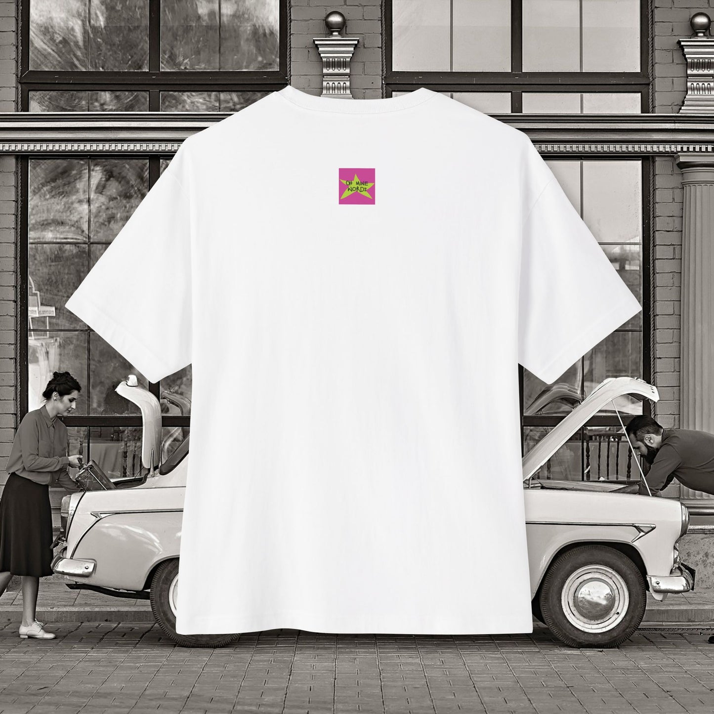 Back view, Oh Mine Words Brand Logo Screen, of Unisex Oversized "Stickies USA" White T-shirt - Unique Fashion Tops, Classic design, perfect for American and to wear in 4th of July - Front and Back Print.