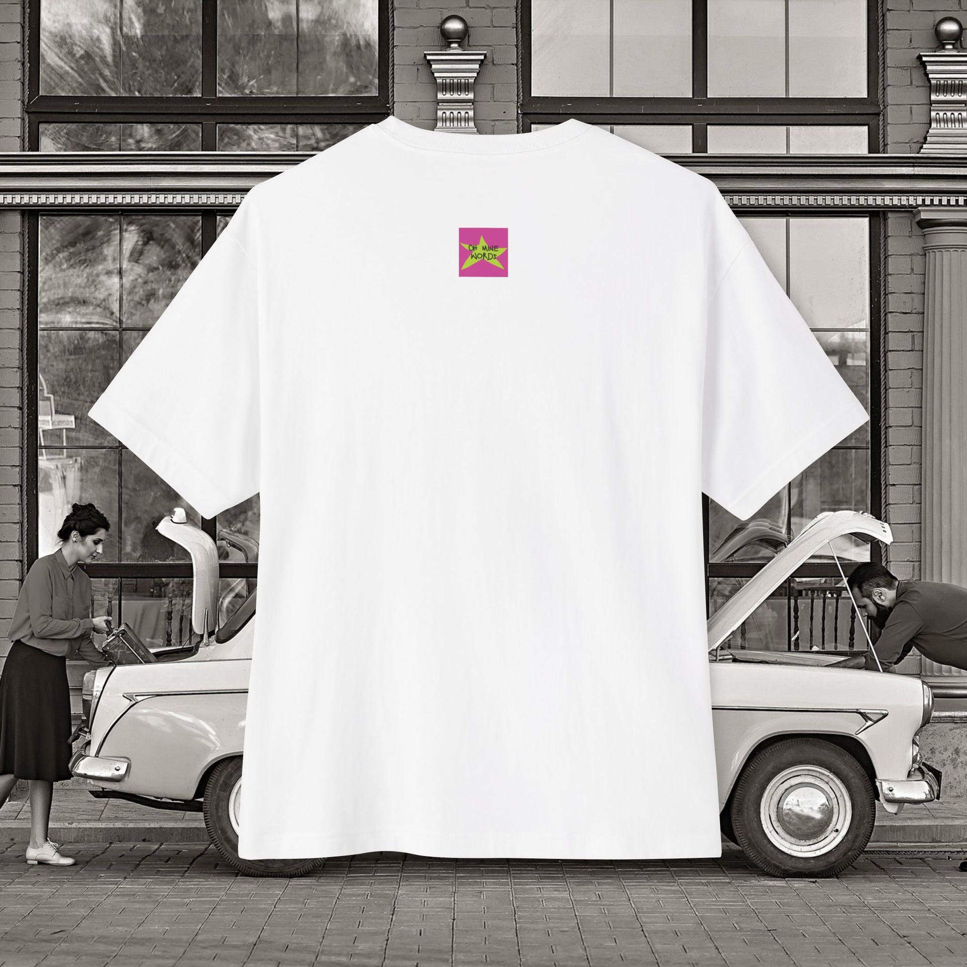 Back view, Oh Mine Words Brand Logo Screen, of Unisex Oversized "Stickies USA" White T-shirt - Unique Fashion Tops, Classic design, perfect for American and to wear in 4th of July - Front and Back Print.