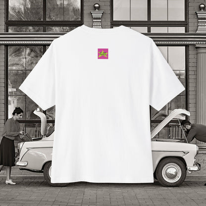 Back view, Oh Mine Words Brand Logo Screen, of Unisex Oversized "Stickies USA" White T-shirt - Unique Fashion Tops, Classic design, perfect for American and to wear in 4th of July - Front and Back Print.