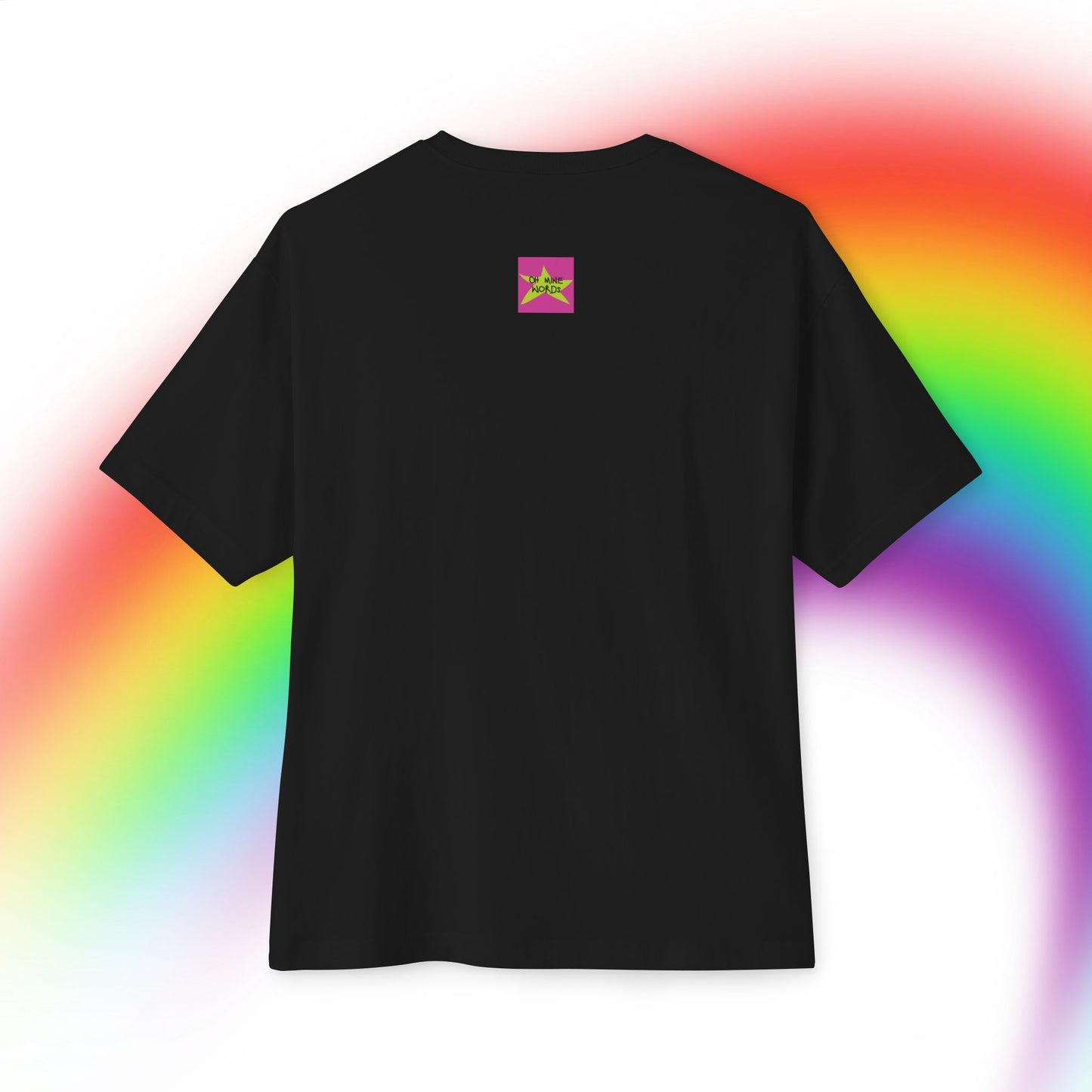 Back view, Oh Mine Words Brand Logo Screen, of Unisex Oversized "Sundae of July" Black T-shirt - Unique Fashion Tops, 4th of July Graphic, Front and Back Print.