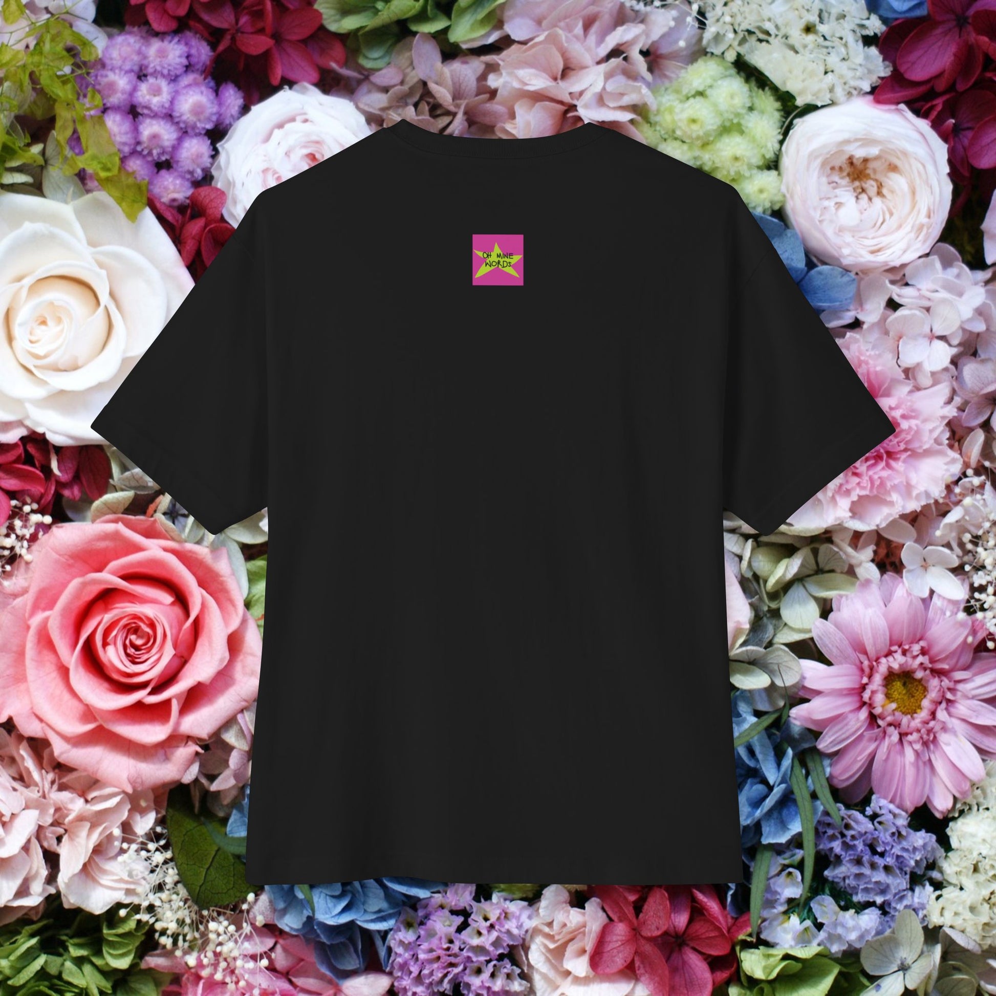 Back view, Oh Mine Words Brand Logo Screen, of unisex oversized "หนูรักแม่ (กุหลาบ) - I Love Mom (Rose)" black t-shirt - unique fashion tops, Thai-twist, y2k, 90's, rose graphic - Mother's Day Tee - Front and Back Print.