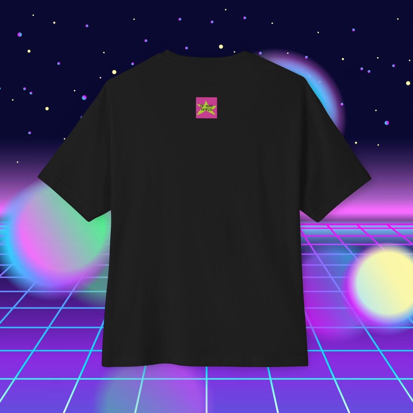 Back view, Oh Mine Words Brand Logo Screen, of unisex oversized "2000s Lip" black t-shirt - Unique Fashion Tops, Y2K, 90s, Old-School style - Front and Back Print.
