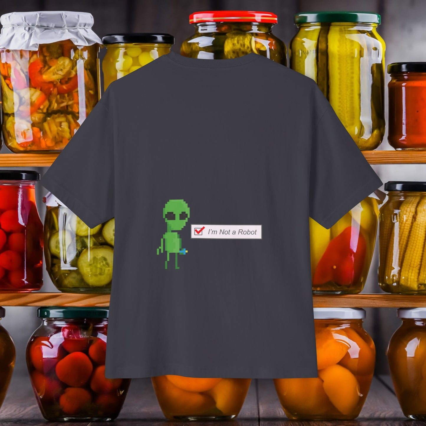 Back view of I'm Not a Robot (003) Oversized Boxy Tee - comfy unisex dark gray t-shirt. Unique fashion tops, funny, standout, chic and cool with Alien Pixel Art design. Perfect for teenage. Front and back printed - Oh Mine Words