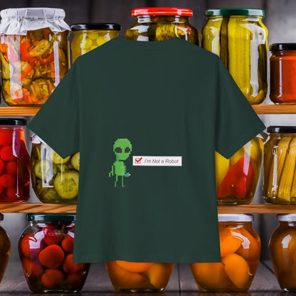 Back view of I'm Not a Robot (003) Oversized Boxy Tee - comfy unisex t-shirt shade green forest. Unique fashion tops, funny, standout, chic and cool with Alien Pixel Art design. Perfect for teenage. Front and back printed - Oh Mine Words