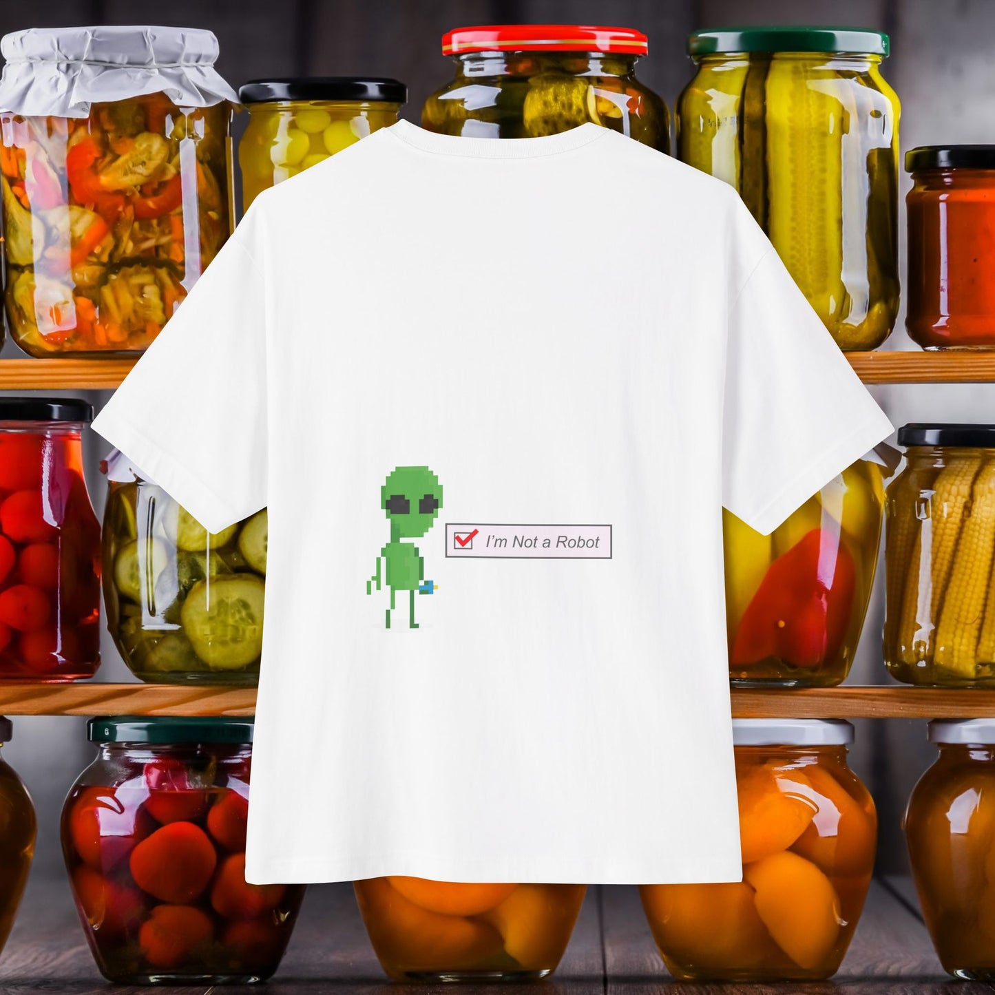 Back view of I'm Not a Robot (003) Oversized Boxy Tee - comfy unisex white t-shirt. Unique fashion tops, funny, standout, chic and cool with Alien Pixel Art design. Perfect for teenage. Front and back printed - Oh Mine Words