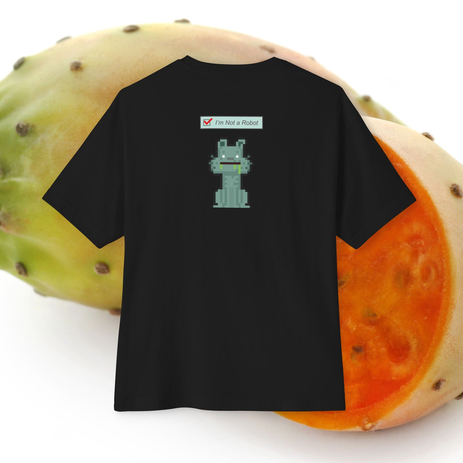 Back view of I'm Not a Robot (005) Oversized Boxy Tee - comfy unisex black t-shirt. Unique fashion tops, funny, standout, chic and cool with zombie pixel art. Perfect for teenage. Front and back printed - Oh Mine Words