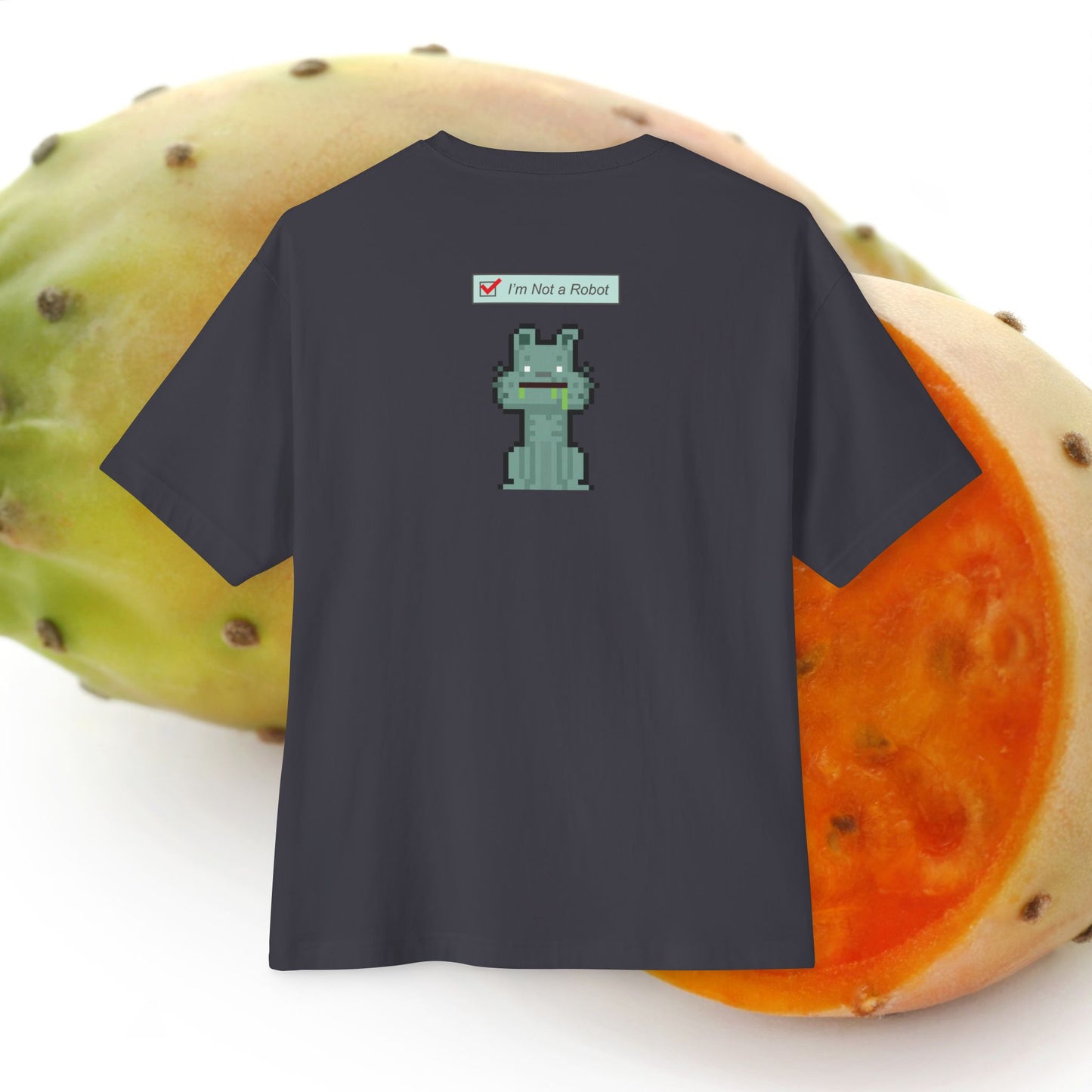 Back view of I'm Not a Robot (005) Oversized Boxy Tee - comfy unisex t-shirt shade dark gray. Unique fashion tops, funny, standout, chic and cool with zombie pixel art. Perfect for teenage. Front and back printed - Oh Mine Words