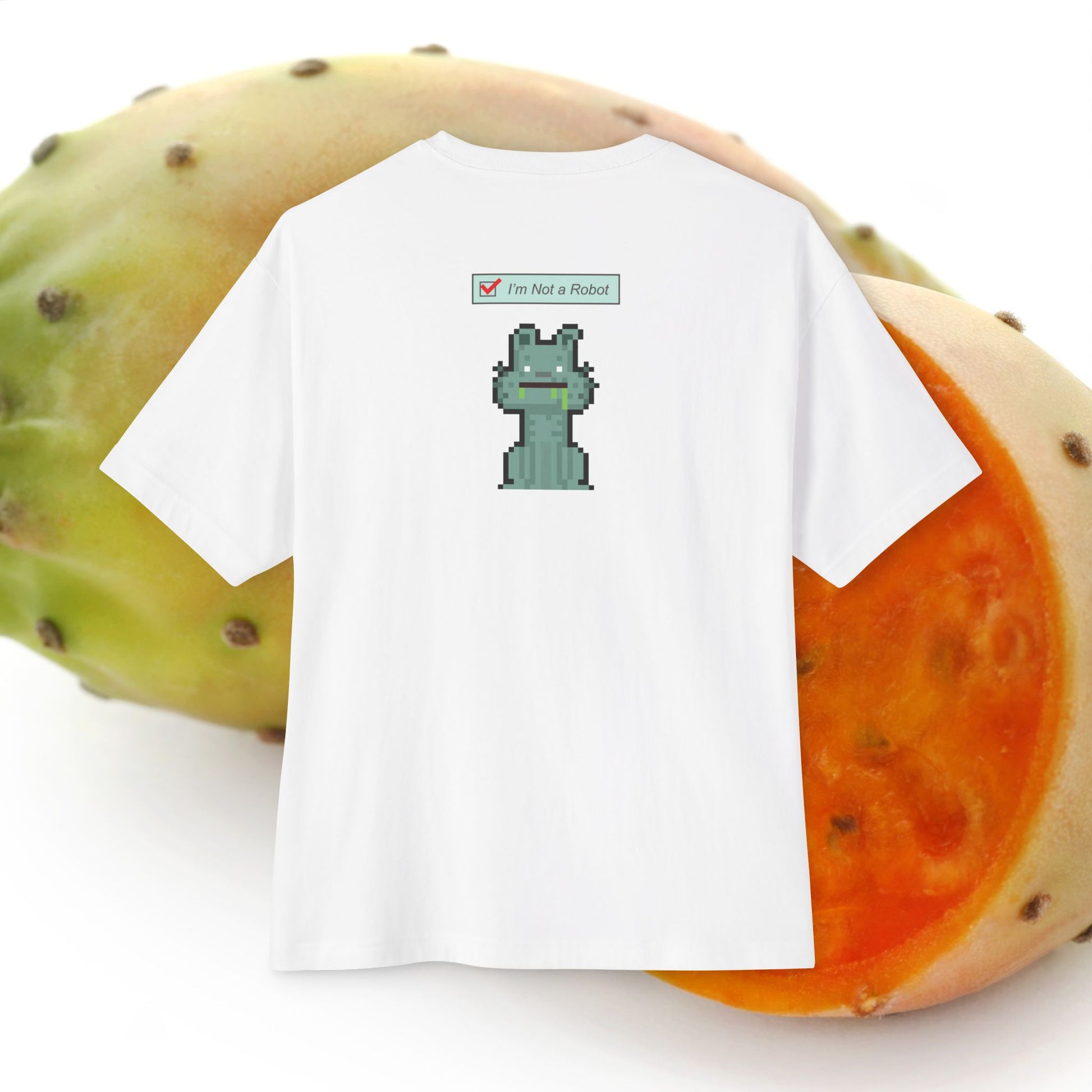 Back view of I'm Not a Robot (005) Oversized Boxy Tee - comfy unisex white t-shirt. Unique fashion tops, funny, standout, chic and cool with zombie pixel art. Perfect for teenage. Front and back printed - Oh Mine Words