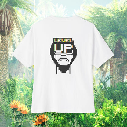 Back view of "Level Up" unisex oversized white T-shirt. Unique fashion tops - Funny, cool and standout with pixel art graphic. Front and Back printed - Oh Mine Words