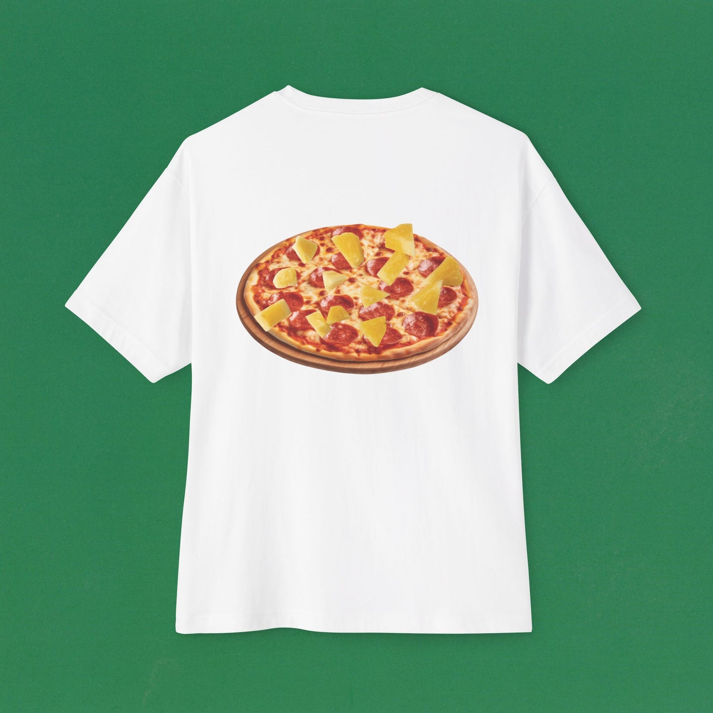 Back view of "Not Suitable for Italian" T-shirt style-01 - unisex oversized white tee. Unique fashion tops. Funny quote - chill, casual, foodie, pizza, pineapple. Front and back printed - Oh Mine Words