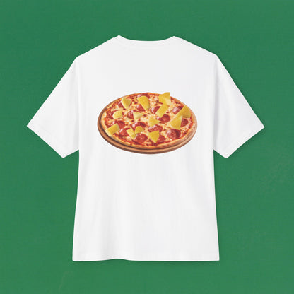 Back view of "Not Suitable for Italian" T-shirt style-01 - unisex oversized white tee. Unique fashion tops. Funny quote - chill, casual, foodie, pizza, pineapple. Front and back printed - Oh Mine Words