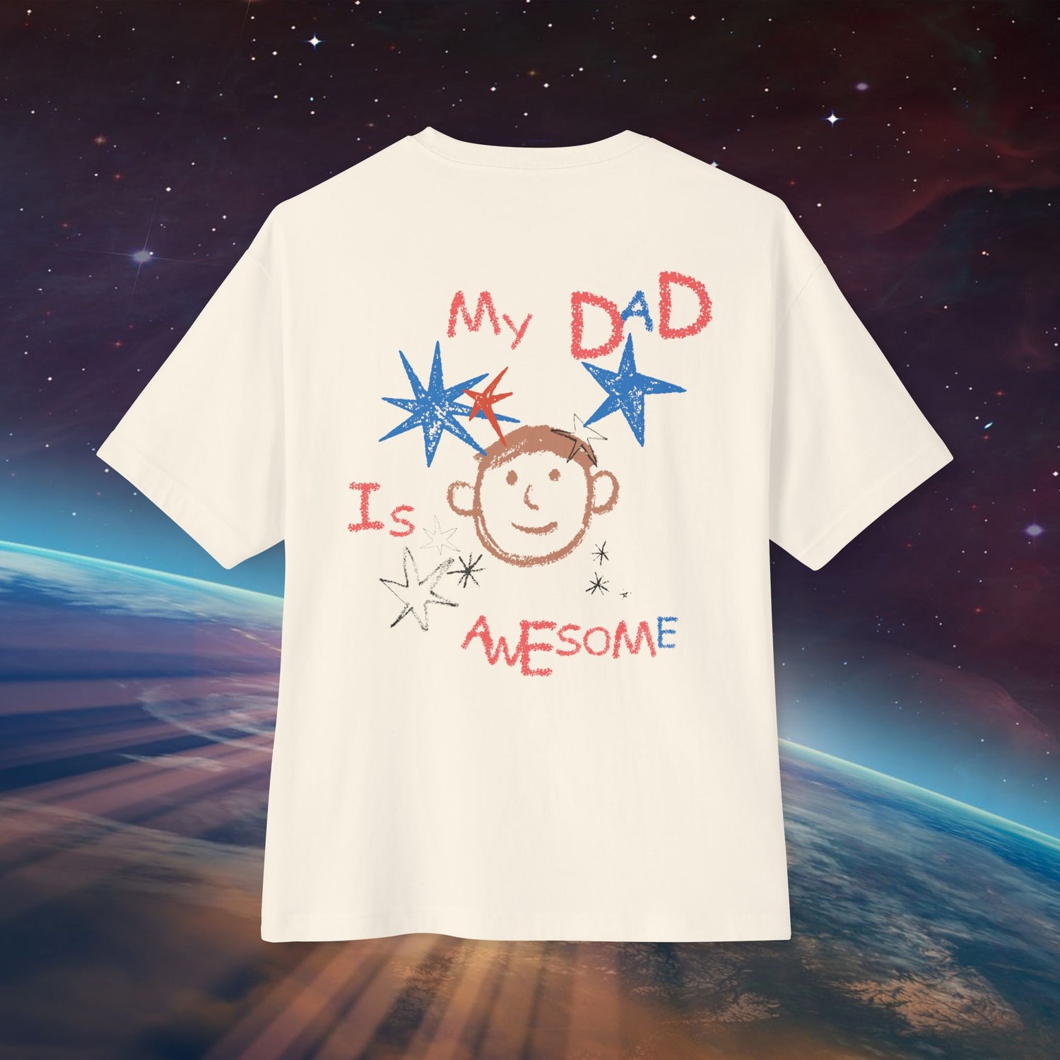 Back view of Unisex Oversized "My Dad Is Awesome" Natural color T-shirt, Hand-Drawn design with inner child spirits – Unique Fashion Tops - Front and Back Print - Oh Mine Words.