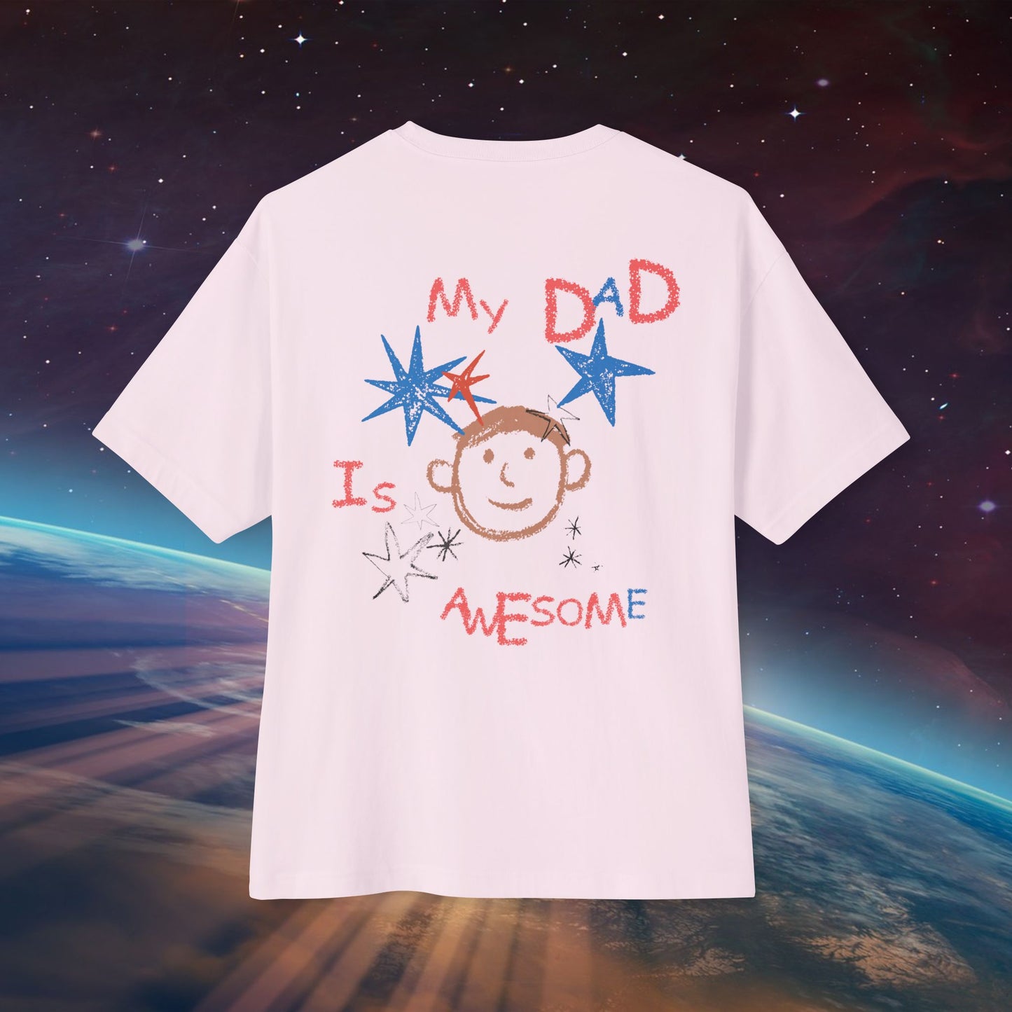 Back view of Unisex Oversized "My Dad Is Awesome" Soft Pink T-shirt, Hand-Drawn design with inner child spirits – Unique Fashion Tops - Front and Back Print - Oh Mine Words.