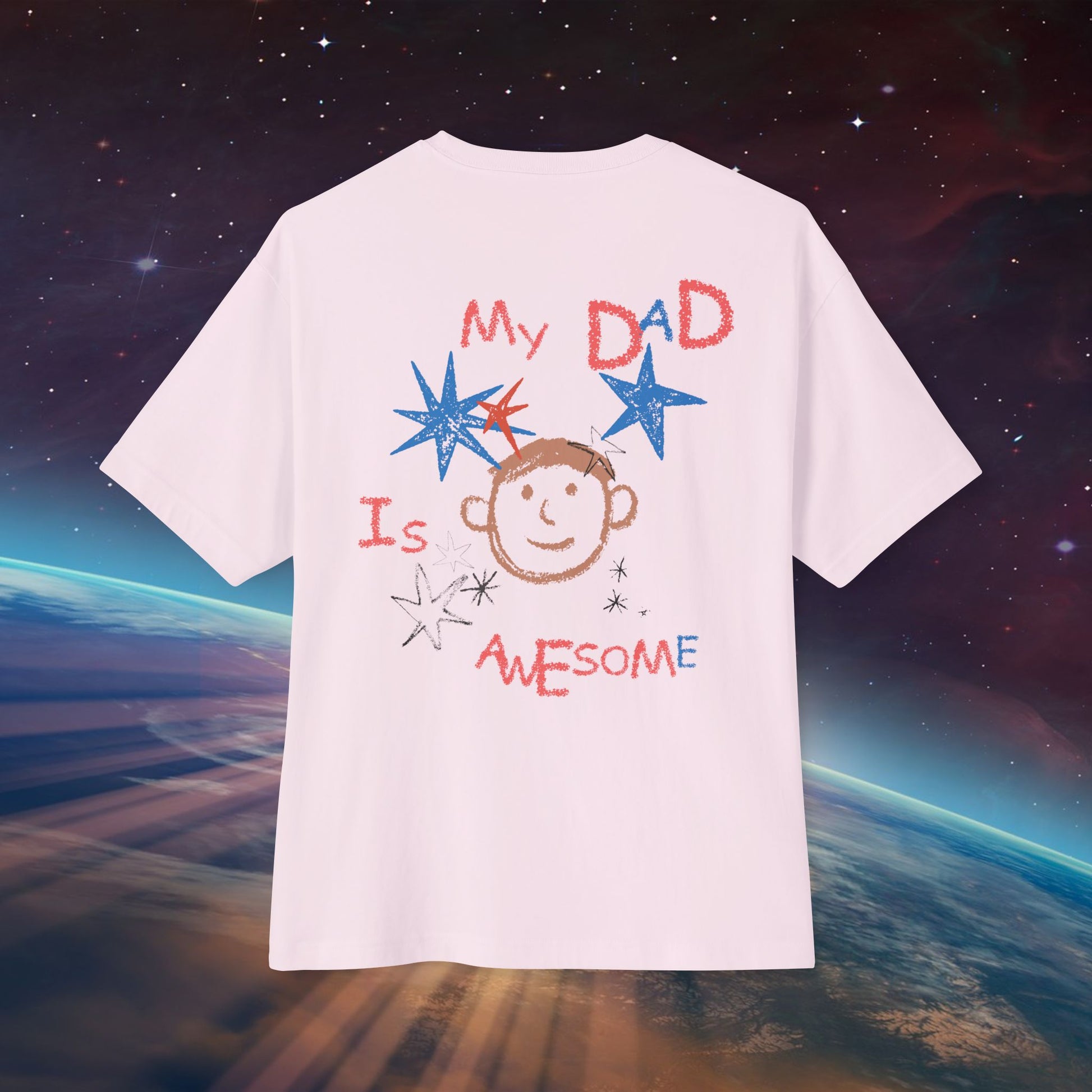 Back view of Unisex Oversized "My Dad Is Awesome" Soft Pink T-shirt, Hand-Drawn design with inner child spirits – Unique Fashion Tops - Front and Back Print - Oh Mine Words.