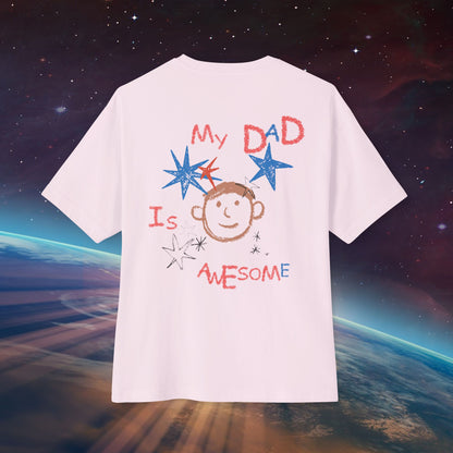 Back view of Unisex Oversized "My Dad Is Awesome" Soft Pink T-shirt, Hand-Drawn design with inner child spirits – Unique Fashion Tops - Front and Back Print - Oh Mine Words.