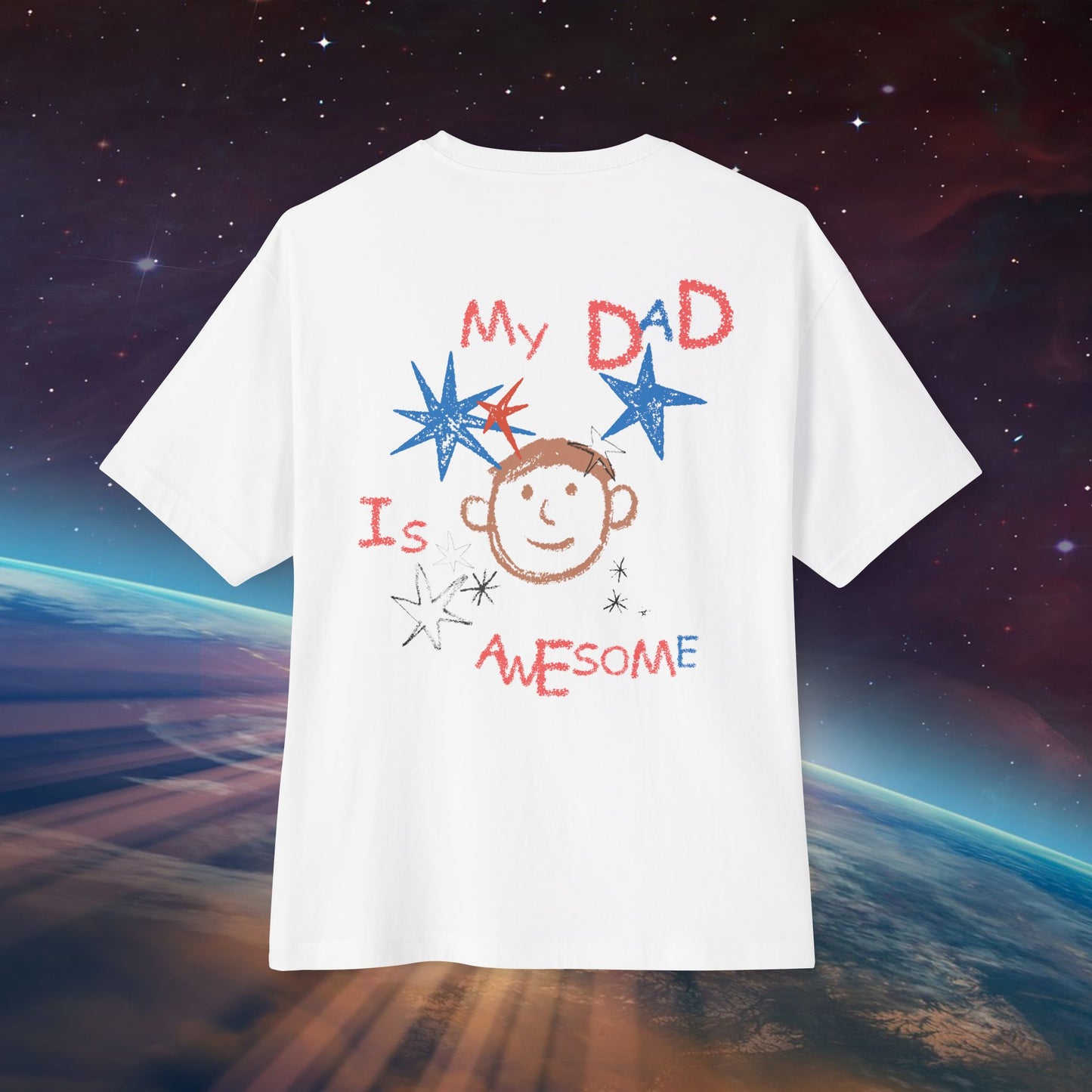 Back view of Unisex Oversized "My Dad Is Awesome" White T-shirt, Hand-Drawn design with inner child spirits – Unique Fashion Tops - Front and Back Print - Oh Mine Words.