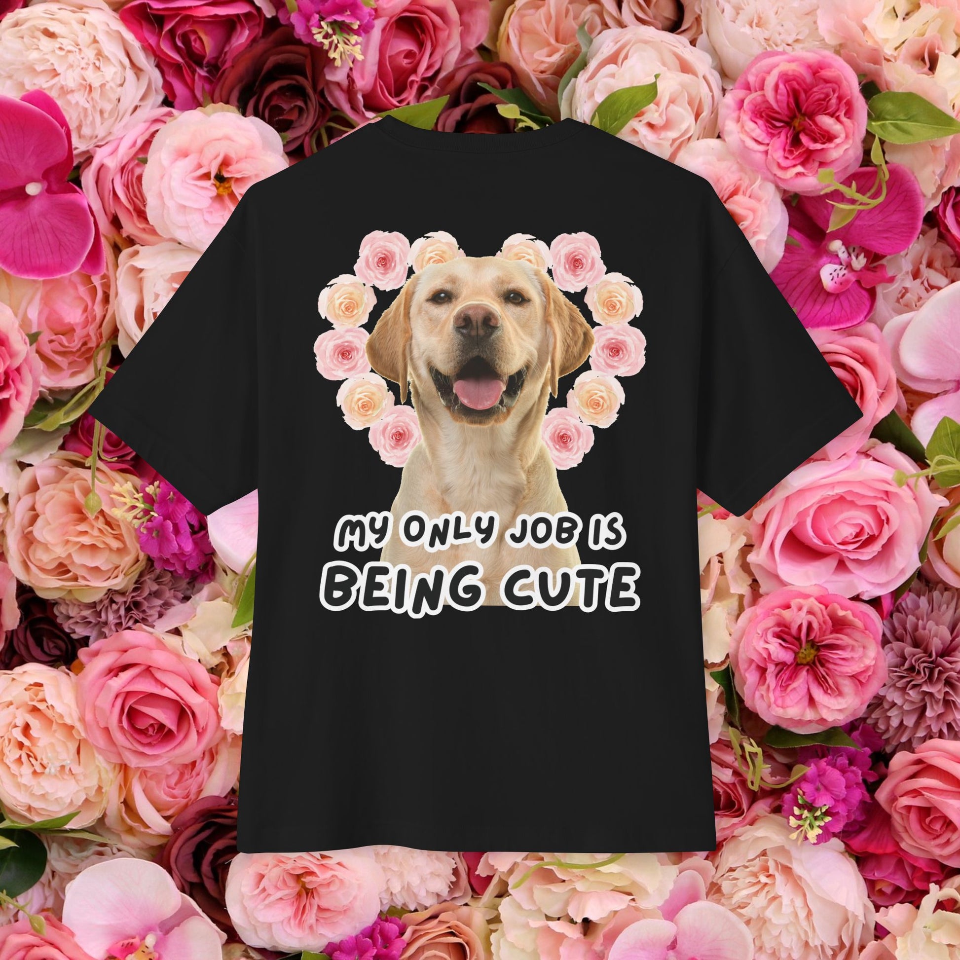 Back view of Unisex Oversized "My Only Job Is Being Cute (08-Style)" Black T-shirt - Golden Retriever and Rose Graphic Design – Unique Fashion Tops - Front and Back Print - Oh Mine Words.