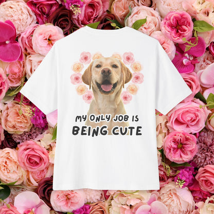 Back view of Unisex Oversized "My Only Job Is Being Cute (08-Style)" White T-shirt - Golden Retriever and Rose Graphic Design – Unique Fashion Tops - Front and Back Print - Oh Mine Words.