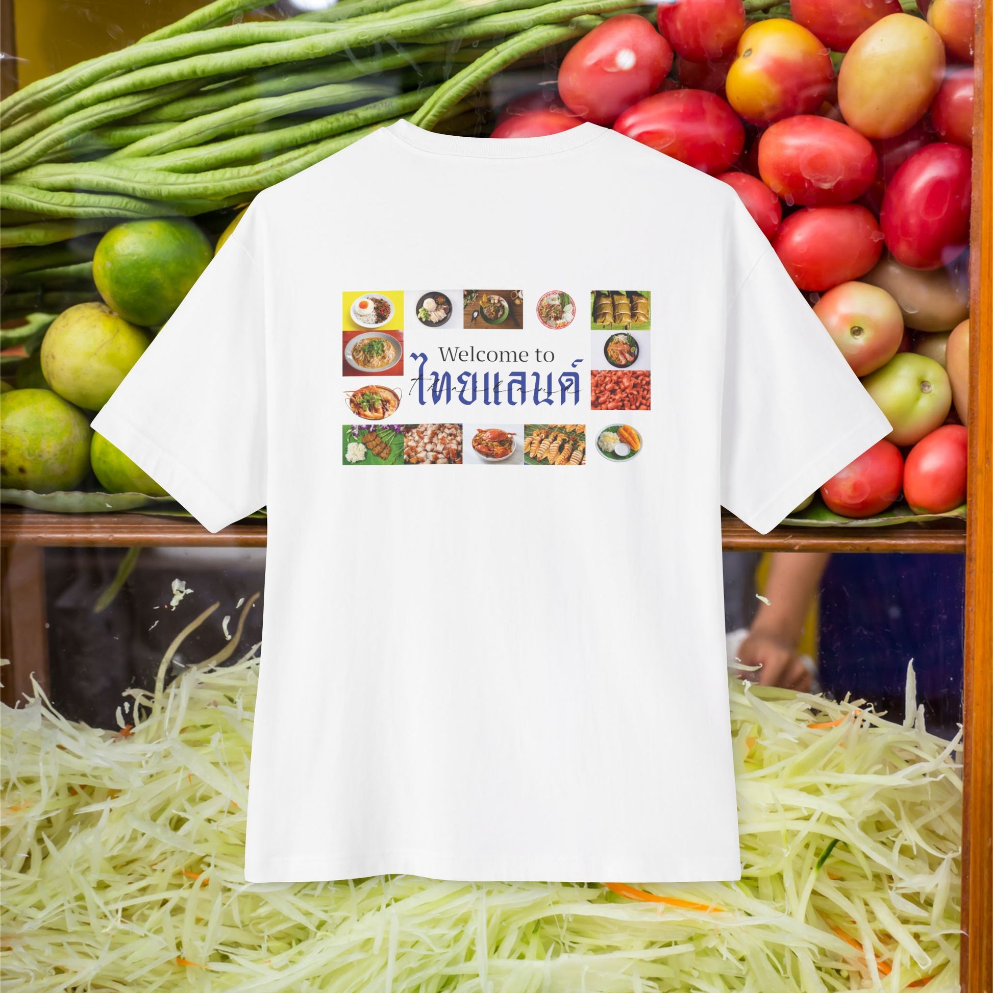Back view of "Welcome to ไทยแลนด์ (Thailand)" Comfortable Unisex Oversized White T-shirt - Unique Fashion Tops - Foodie, Thai Style, Bangkok - Front and Back printed tee - Oh Mine Words