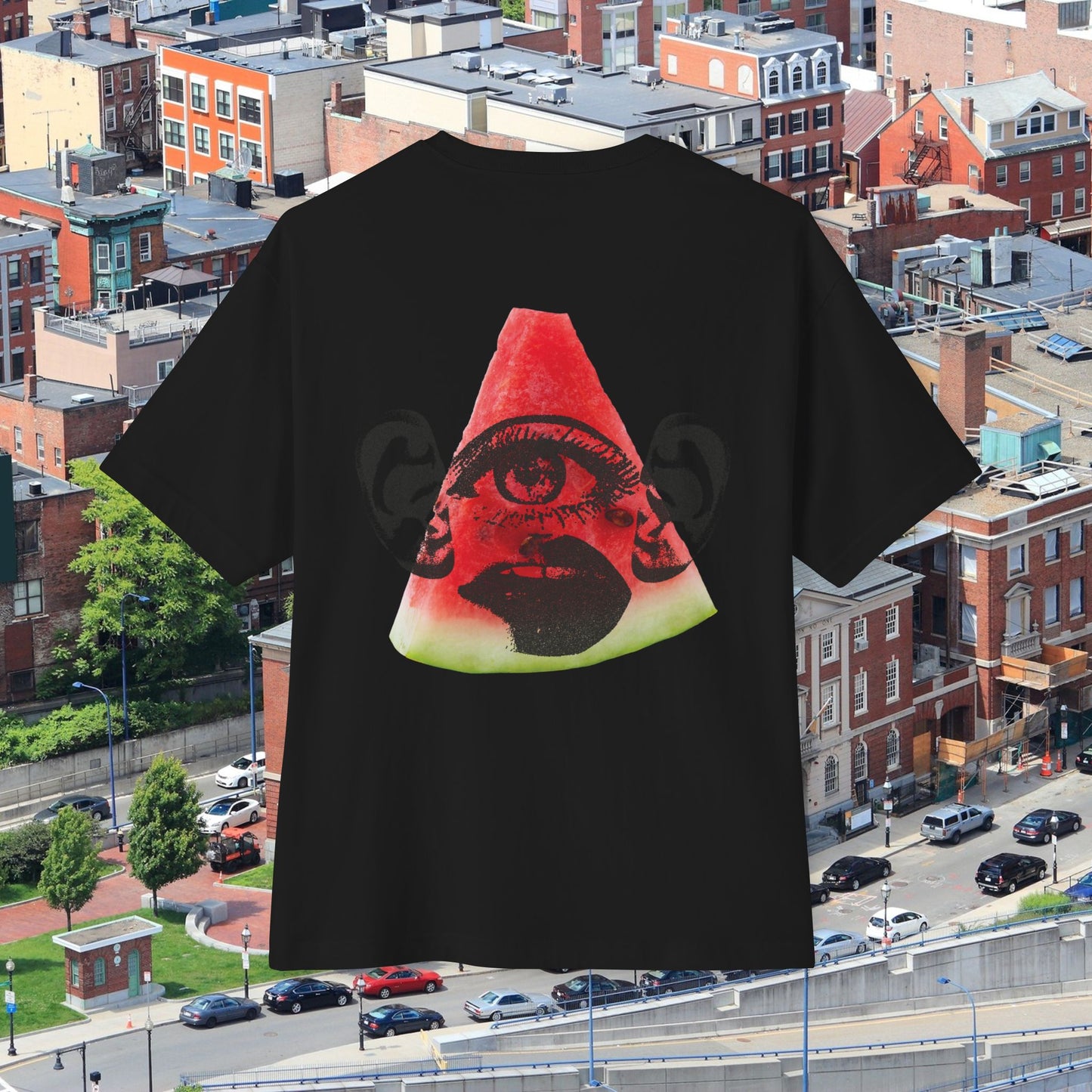 Back view of unisex "Isosceles Red Face" Oversized T-Shirt (Black)" for American's 4th of July - Streetwear, Chic, Cool, Unique fashion tops - Front and Back print - Oh Mine Words