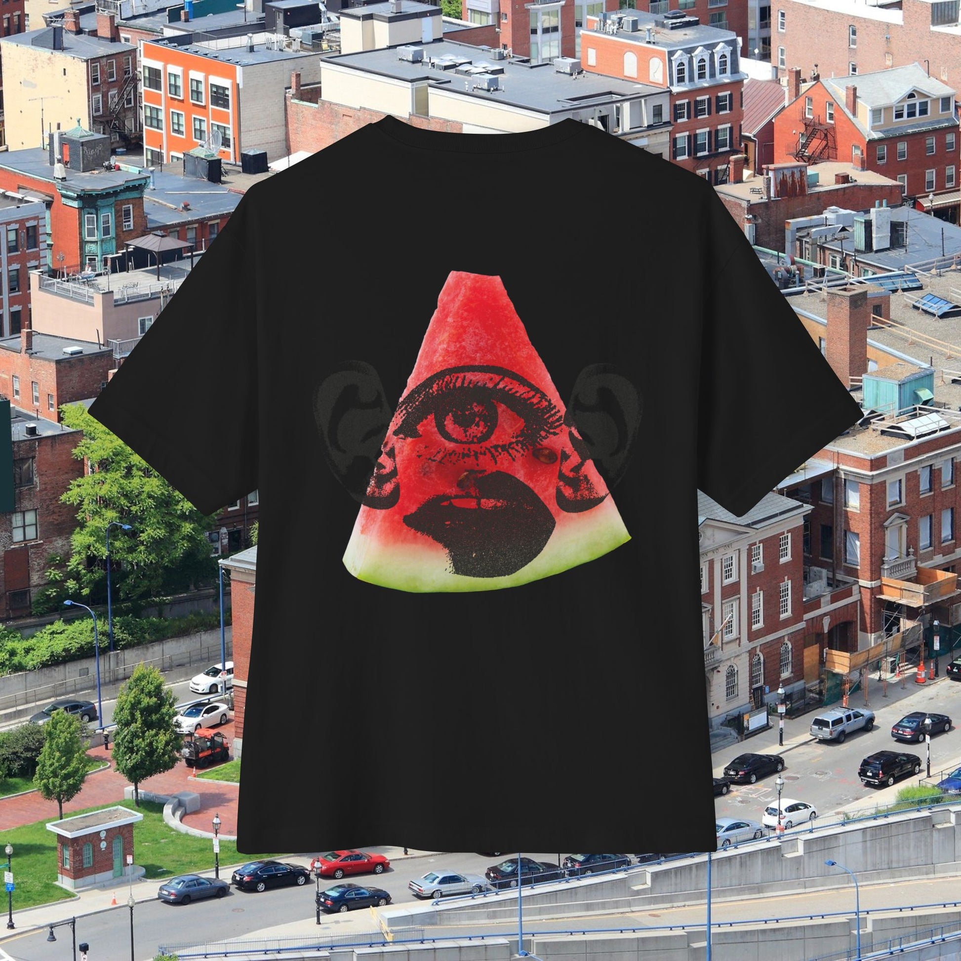 Back view of unisex "Isosceles Red Face" Oversized T-Shirt (Black)" for American's 4th of July - Streetwear, Chic, Cool, Unique fashion tops - Front and Back print - Oh Mine Words