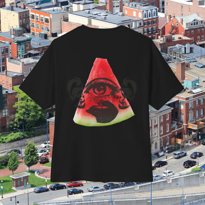 Back view of unisex "Isosceles Red Face" Oversized T-Shirt (Black)" for American's 4th of July - Streetwear, Chic, Cool, Unique fashion tops - Front and Back print - Oh Mine Words