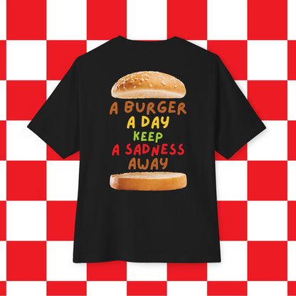 Back view of unisex oversized "A Burger A Day Keep A Sadness Away" black t-shirt - unique fashion tops - funny quote, buns, burger, foodie, comfortable, front and back print - Oh Mine Words.