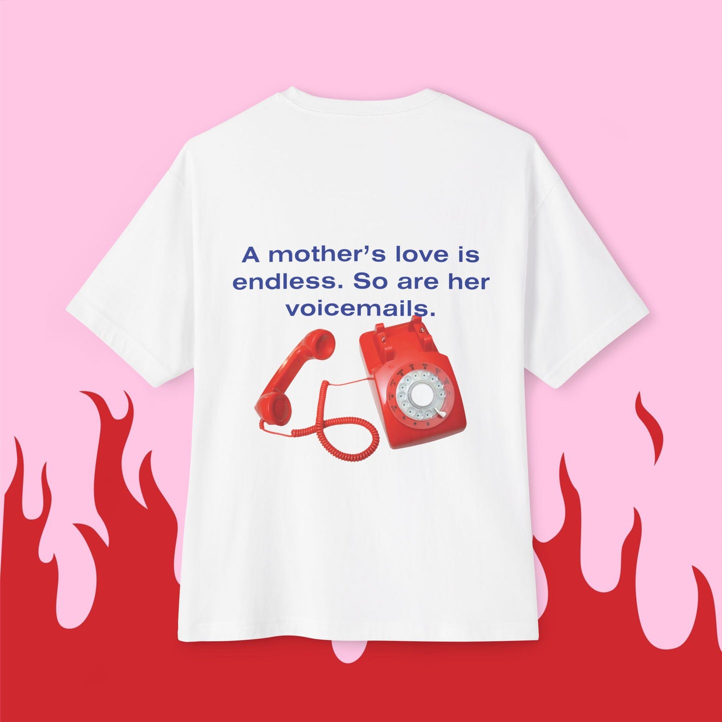 Back view of unisex oversized "A mother's love is endless" white t-shirt - unique fashion tops, funny quote for adulthood and Mother's day. Front and Back Print - Oh Mine Words.