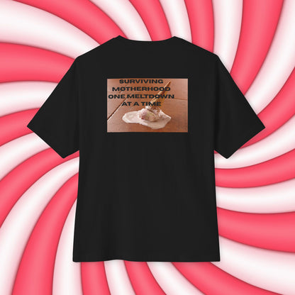 Back view of unisex oversized "Surviving Motherhood One Meltdown At A Time (Full-Black)" t-shirt - unique fashion tops, funny quote, Ice cream melt down for A Mom and Mother's day - Front and Back Print - Oh Mine Words. 