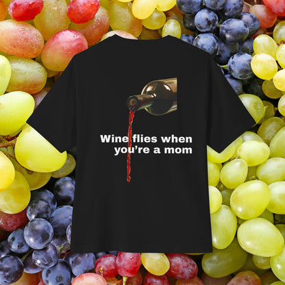 Back view of unisex oversized "Wine flies when you're a mom (Black)" t-shirt - unique fashion tops, funny quote, cool design for A Mom and Mother's day - Front and Back Print - Oh Mine Words.