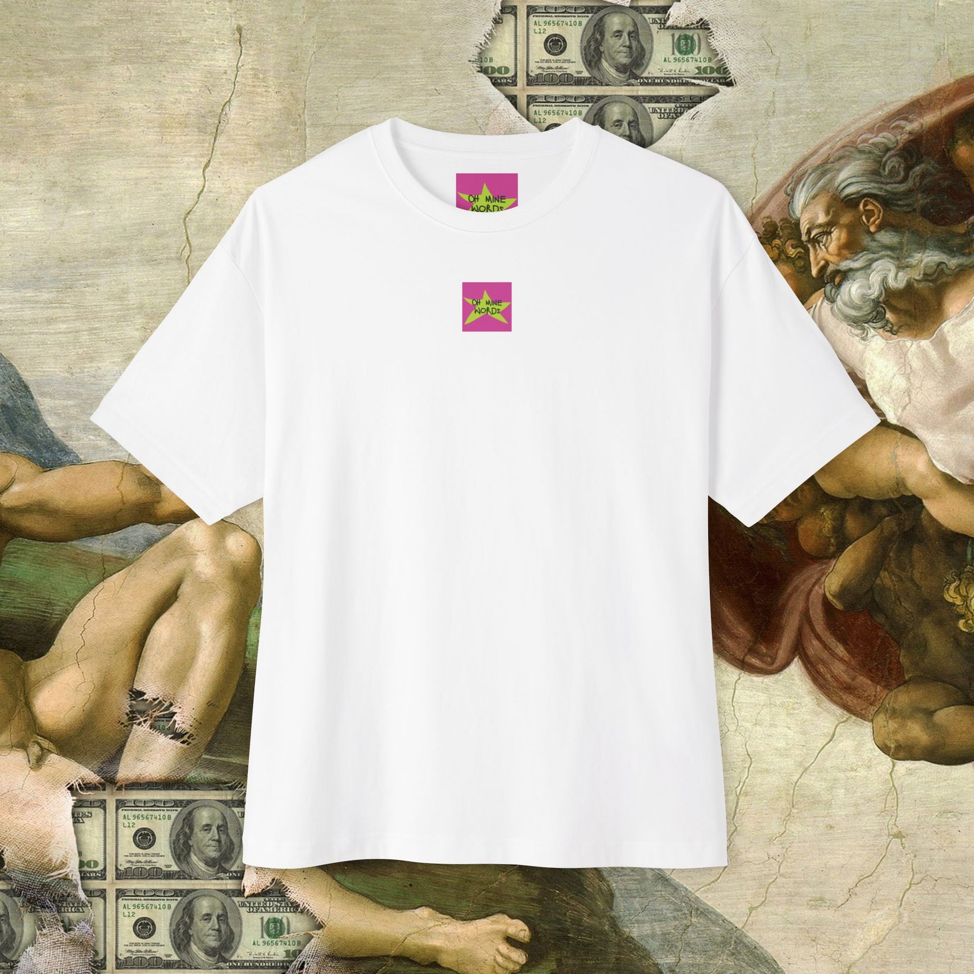 Front View, Oh Mine Words Brand Logo Screen of "Cool" Words Expressed, Meme and Funny Tee. Unisex Oversized White T-shirt – Unique Fashion Tops - Comfortable, Perfect for Teens and Adults. Front and Back Print.