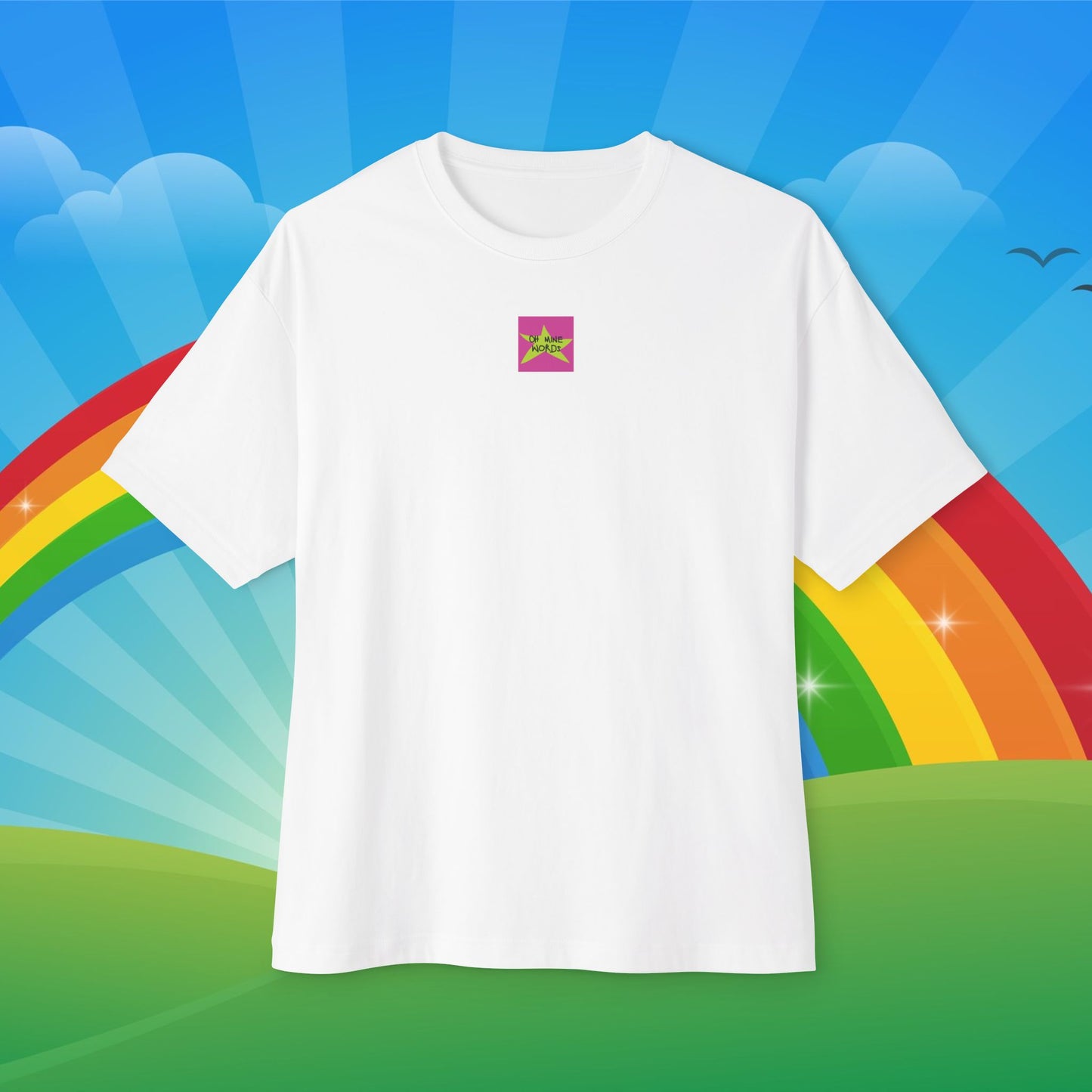 Front view, Brand logo screen - Oh Mine Words, of "I, A Problem Solver" Unisex Oversized white Tee. Unique fashion tops - wear comfy and standout with funny quote and pixel art. Front and back printed