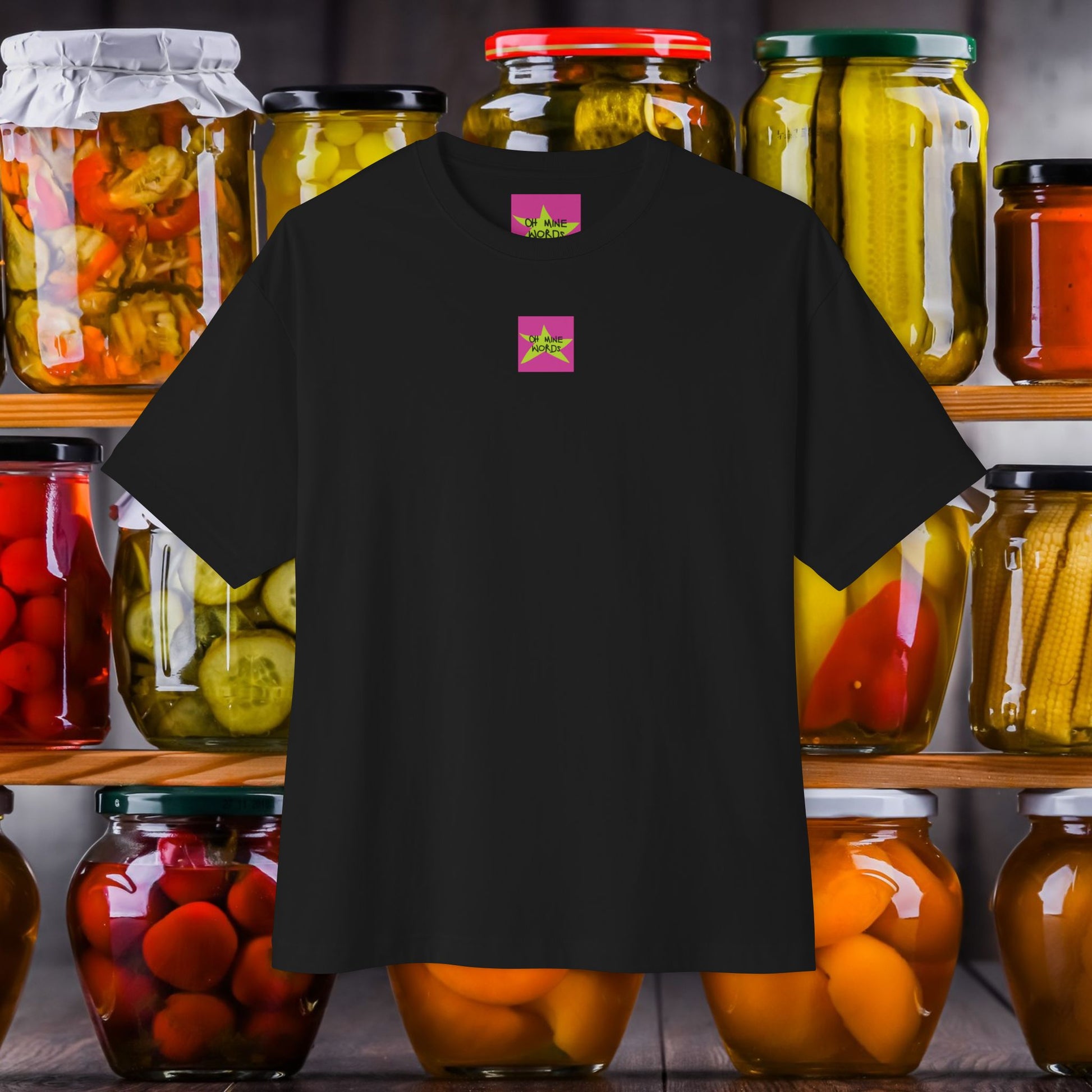 Front view, Brand logo screen - Oh Mine Words, of I'm Not a Robot (003) Oversized Boxy Tee - comfy unisex black t-shirt. Unique fashion tops, funny, standout, chic and cool with Alien Pixel Art design. Perfect for teenage. Front and back printed.