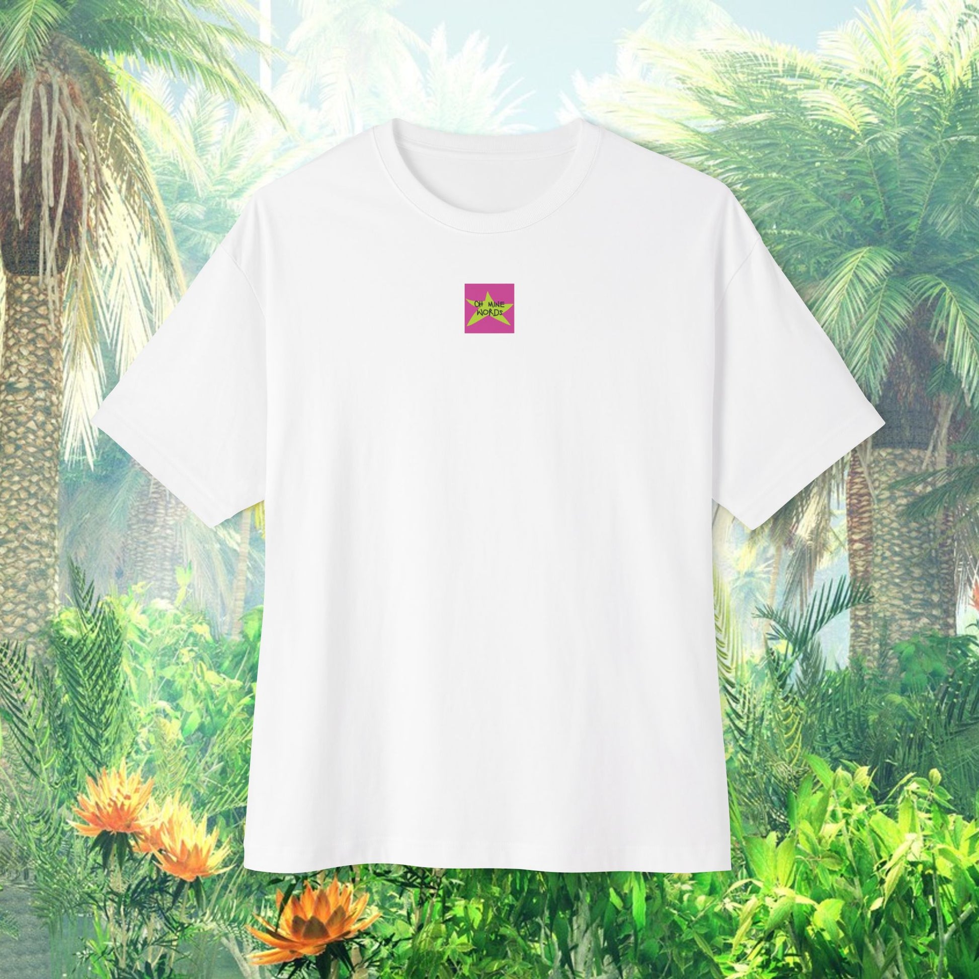Front view, Brand logo screen - Oh Mine Words, of "Level Up" unisex oversized white T-shirt. Unique fashion tops - Funny, cool and standout with pixel art graphic. Front and Back printed