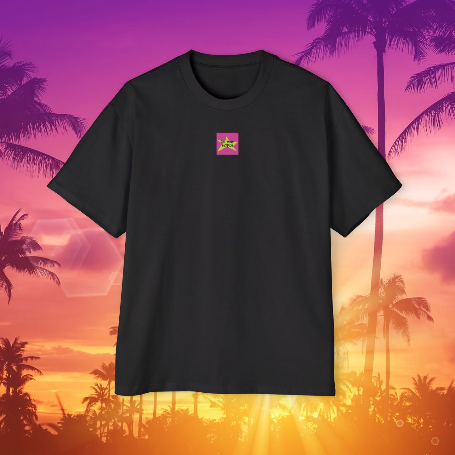Front view, Brand logo screen - Oh Mine Words, of "Limited Edition หนูรักแม่ (Style-07) Oversized Tee" unisex black t-shirt - Unique fashion tops - Thai culture inspired, exotic design, standout, chic and cool. Perfect for everyday casual, summer and Mother's day. Front and back printed.
