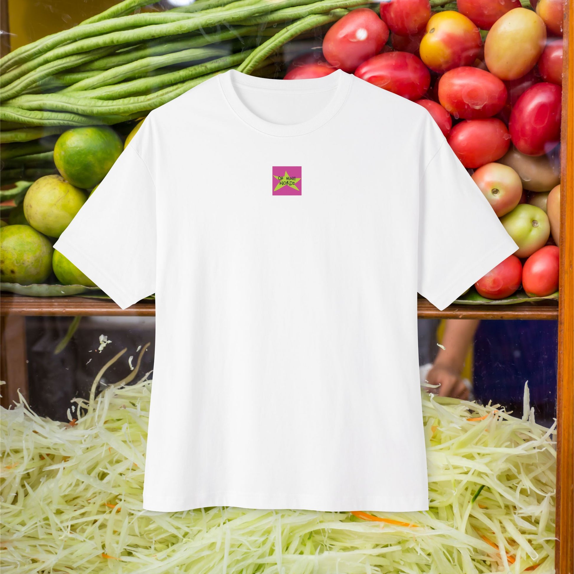 Front view, Brand logo screen - Oh Mine Words, of "Welcome to ไทยแลนด์ (Thailand)" Comfortable Unisex Oversized White T-shirt - Unique Fashion Tops - Foodie, Thai Style, Bangkok - Front and Back printed tee
