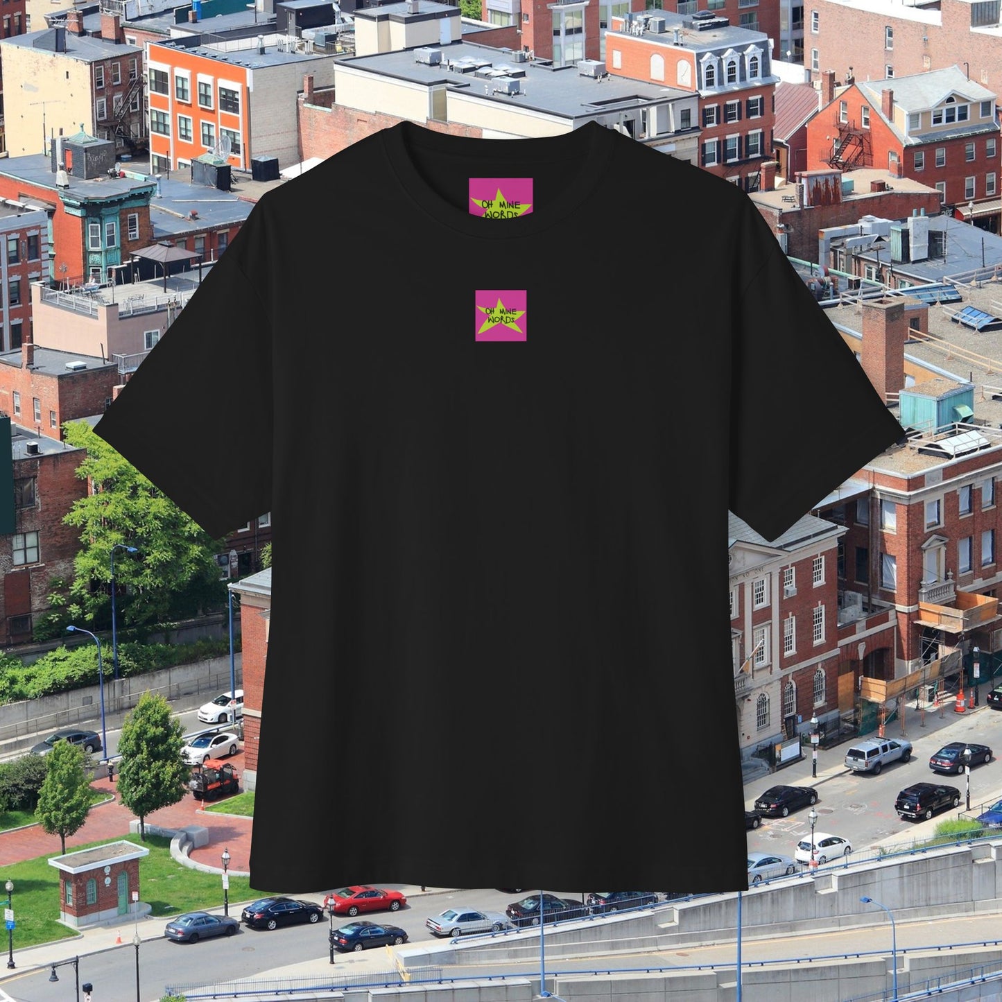 Front view, Brand logo screen - Oh Mine Words, of unisex "Isosceles Red Face" Oversized T-Shirt (Black) for American's 4th of July - Streetwear, Chic, Cool, Unique fashion tops - Front and Back print