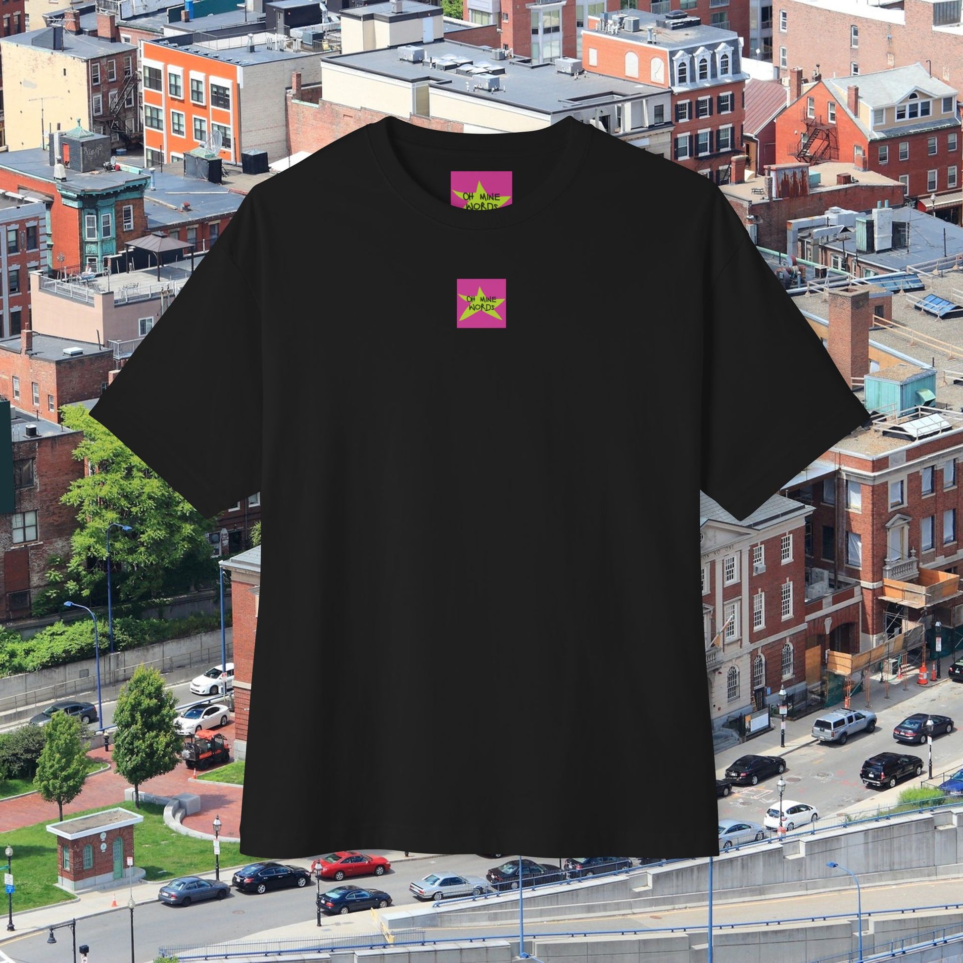 Front view, Brand logo screen - Oh Mine Words, of unisex "Isosceles Red Face" Oversized T-Shirt (Black) for American's 4th of July - Streetwear, Chic, Cool, Unique fashion tops - Front and Back print