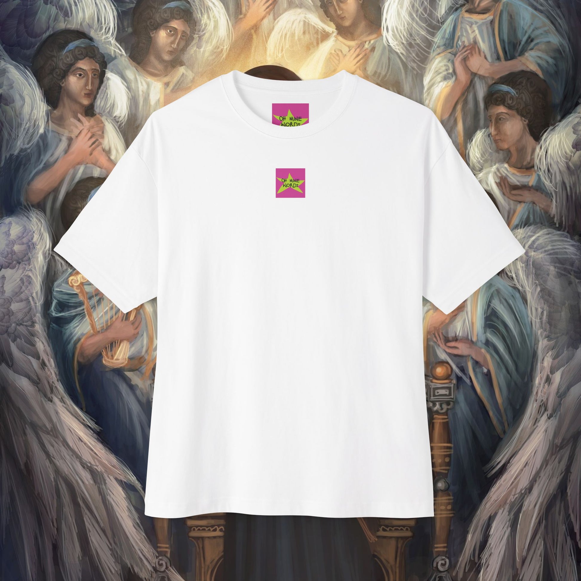 Front view Oh Mine Words Brand Logo Screen of Fuck it, Words Expressed and Funny Tee - Unisex Oversized White T-shirt – Unique Fashion Tops – Cool and Fun Design, Comfortable, Perfect for Teens and Adults. Front and Back Print – Oh Mine Words