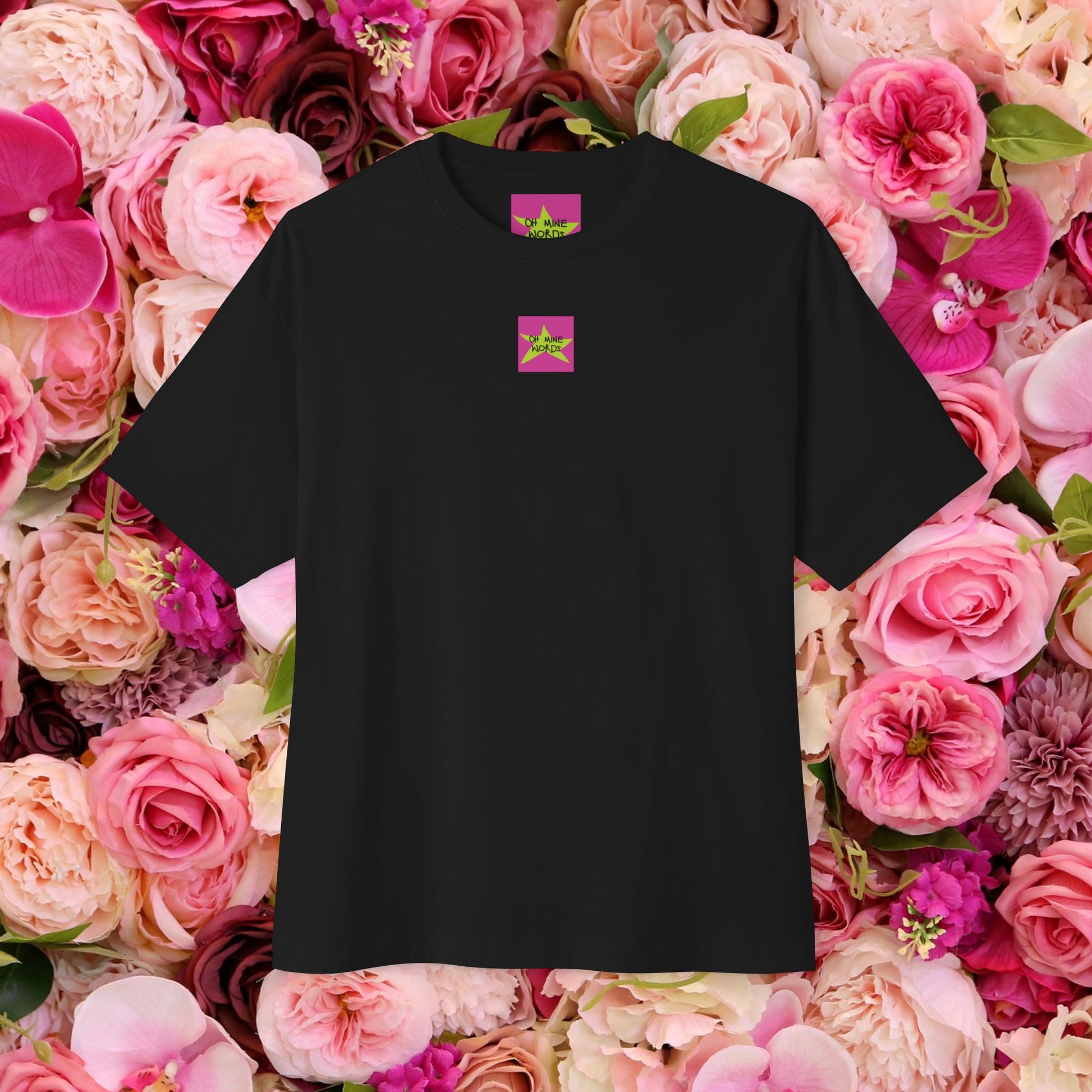 Front view, Oh Mine Words Brand Logo Screen of "My Only Job Is Being Cute (08-Style)" Unisex Oversized Black T-shirt - Golden Retriever and Rose Graphic Design – Unique Fashion Tops - Front and Back Print. Cute and Funny Quote for Dog Lover.