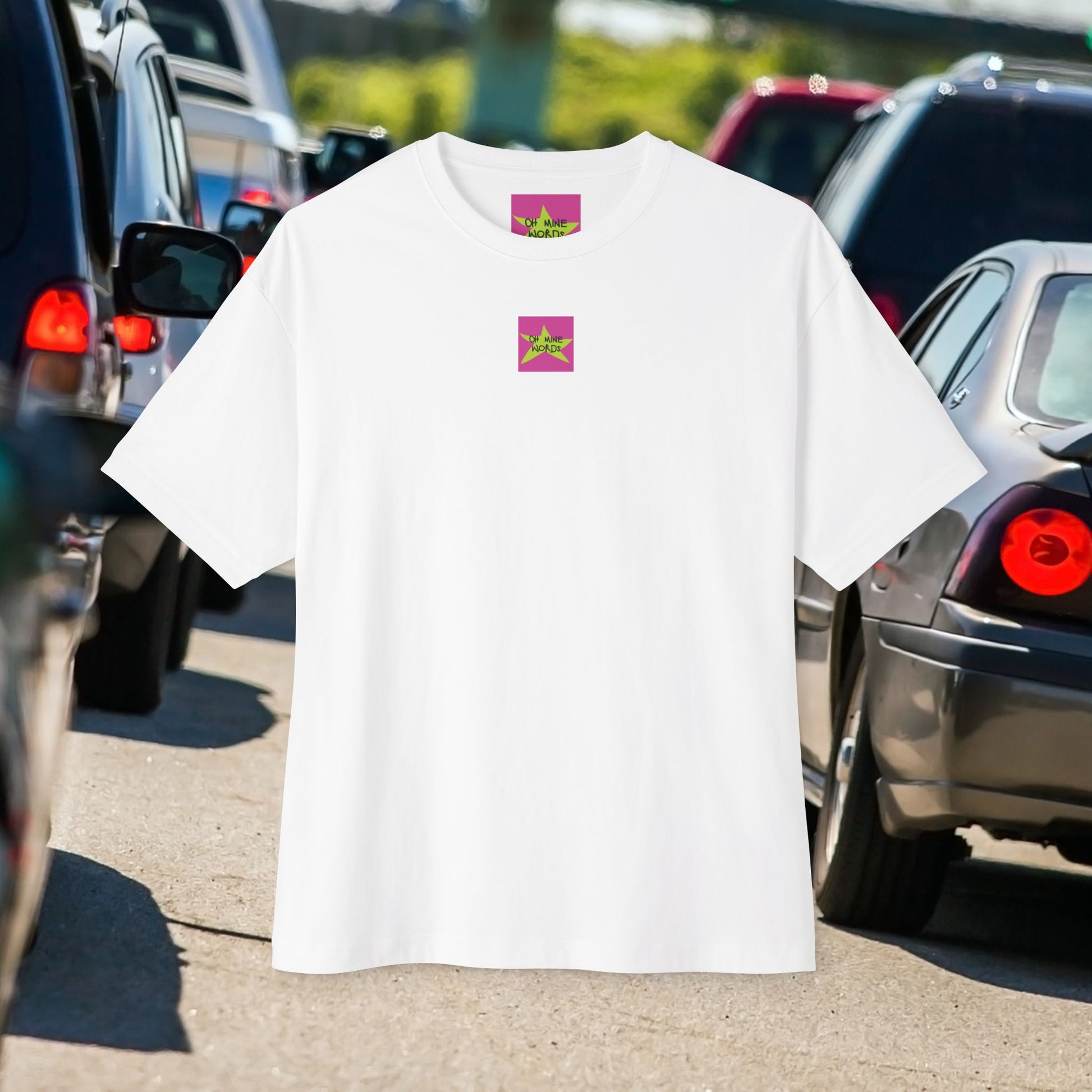 Front view, Oh Mine Words Brand Logo Screen of The Kids & Their Lemonade (Happy Independence Day) Unisex Oversized White T-shirt for 4th of July – Unique Fashion Tops – Cool, Comfortable, Standout with Vintage Design. Front and Back Print – Oh Mine Words
